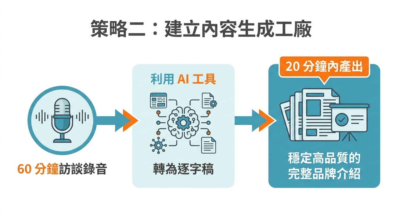 策略二:建立內容生成工廠,利用 AI 工具將 60 分鐘訪談錄音轉為逐字稿,並在 20 分鐘內產出穩定高品質的完整品牌介紹。