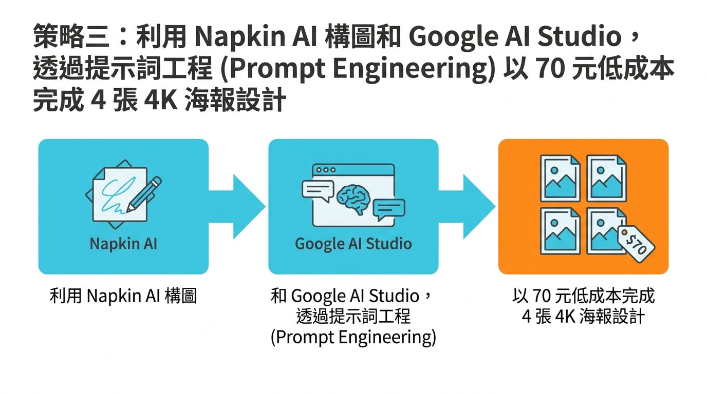 策略三:利用 Napkin AI 構圖和 Google AI Studio,透過提示詞工程 (Prompt Engineering) 以 70 元低成本完成 4 張 4K 海報設計。