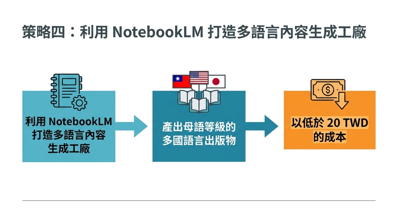 策略四:利用 NotebookLM 打造多語言內容生成工廠,以低於 20 TWD 的成本產出母語等級的多國語言出版物。