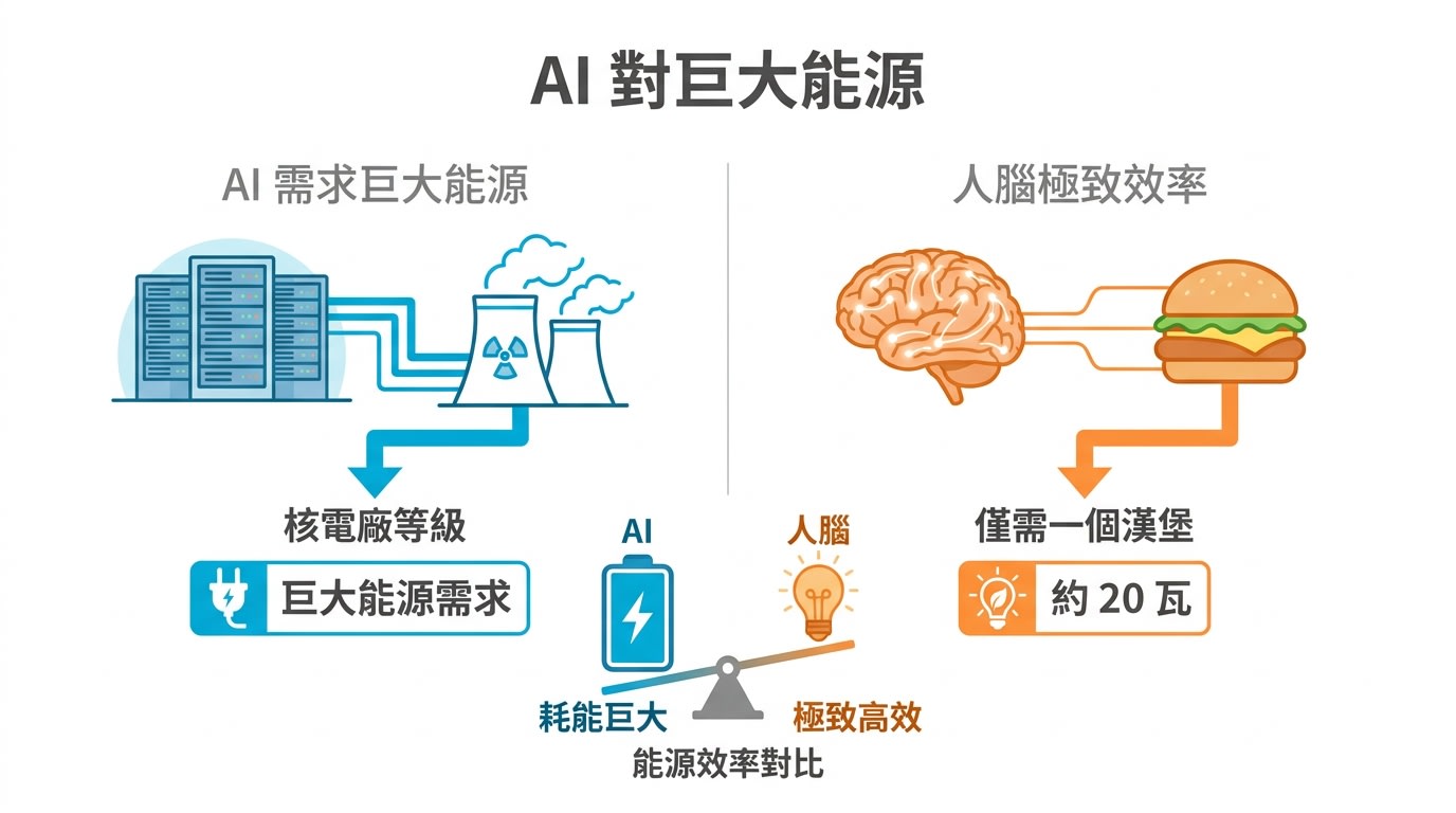 投影片比較了 AI 對巨大能源(核電廠)的需求與人腦僅需一個漢堡(約 20 瓦)的極致效率。