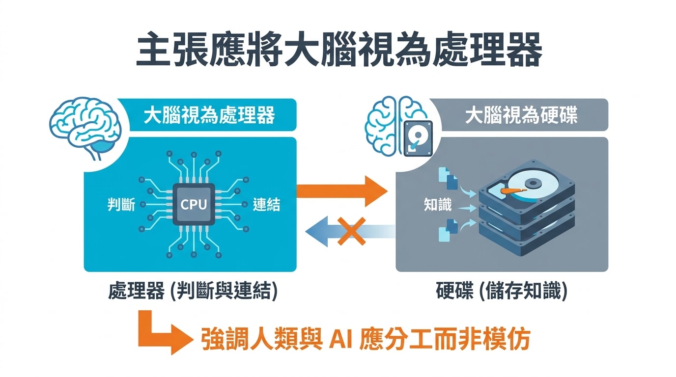 投影片主張應將大腦視為處理器(判斷與連結),而非硬碟(儲存知識),強調人類與 AI 應分工而非模仿。