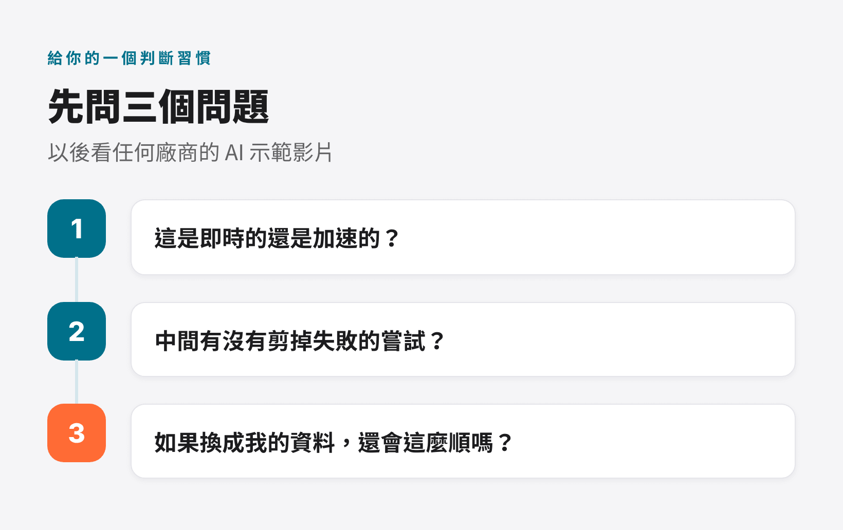 看廠商 AI 示範影片先問的三個問題:即時或加速、有沒有剪掉失敗、換成我的資料還順不順