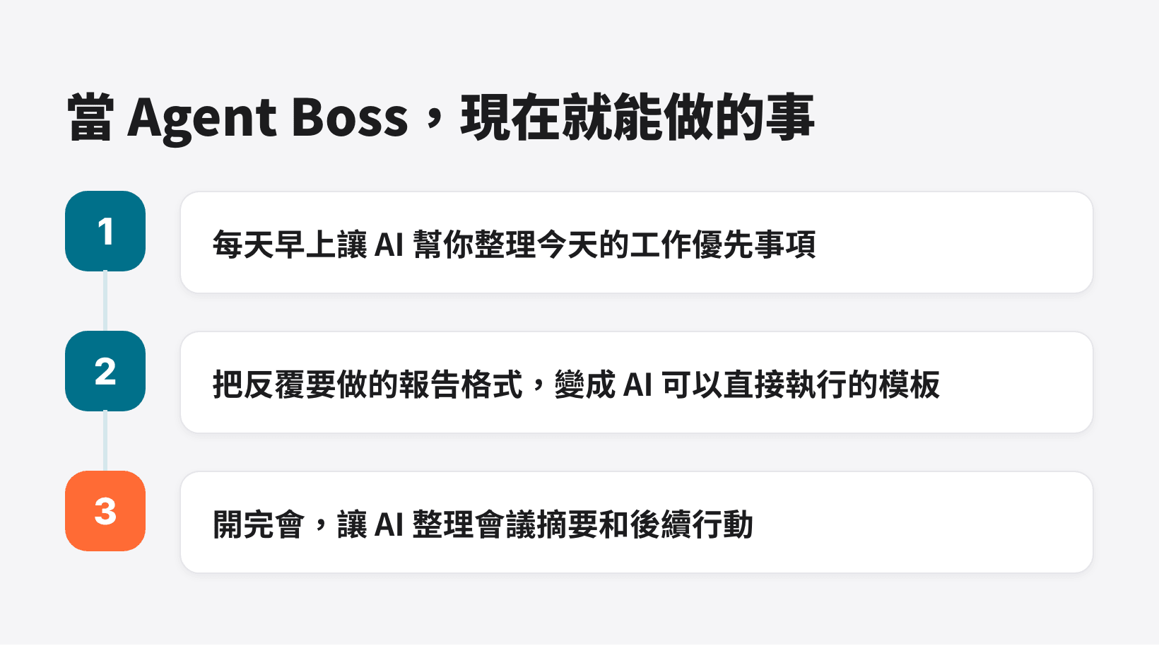 成為 Agent Boss 現在就能做的三件事：整理優先事項、報告模板化、會議摘要