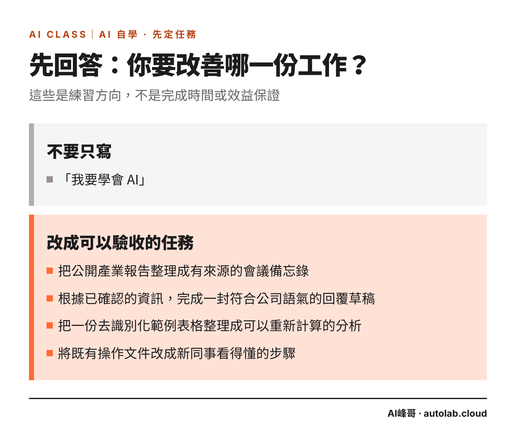 不要只寫「我要學會 AI」，改成四個可以驗收的學習任務