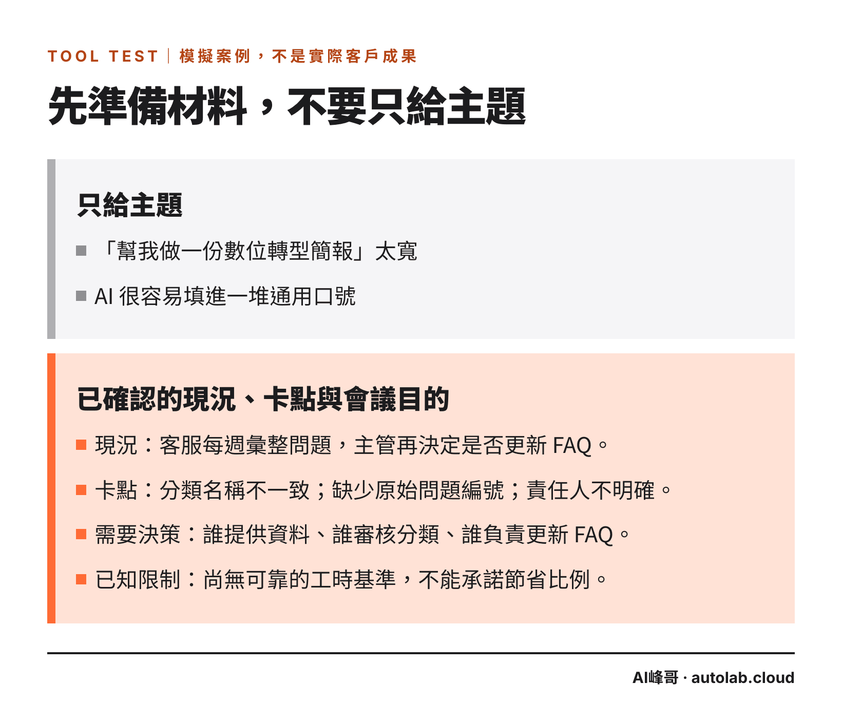 只給主題與給已確認材料兩種做簡報方式的對照