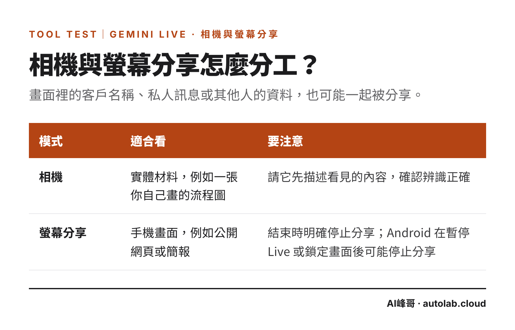 Gemini Live 相機與螢幕分享各自適合看什麼、要注意什麼