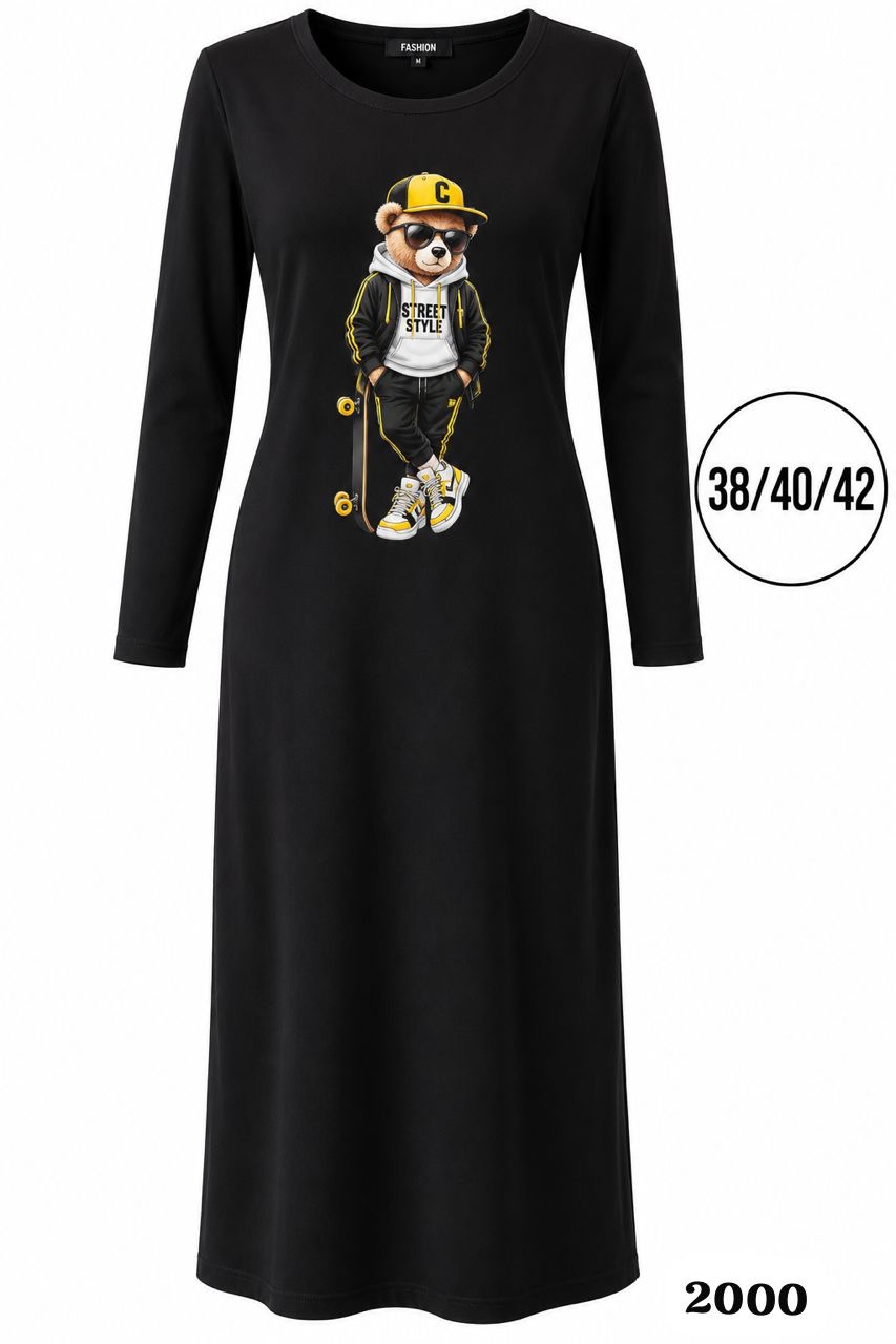 Robe longue noire imprimée ours