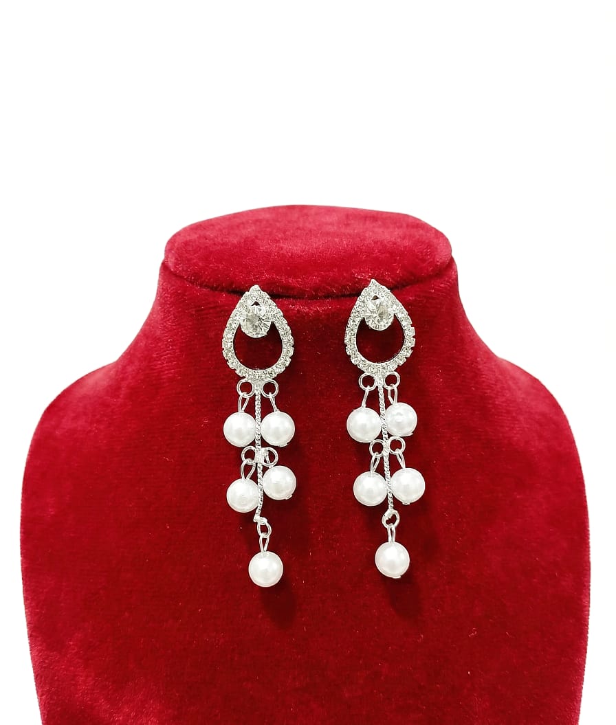 Women’s Silver-Tone Pearl Drop Earrings with American Diamond Party & Wedding Wear Danglers