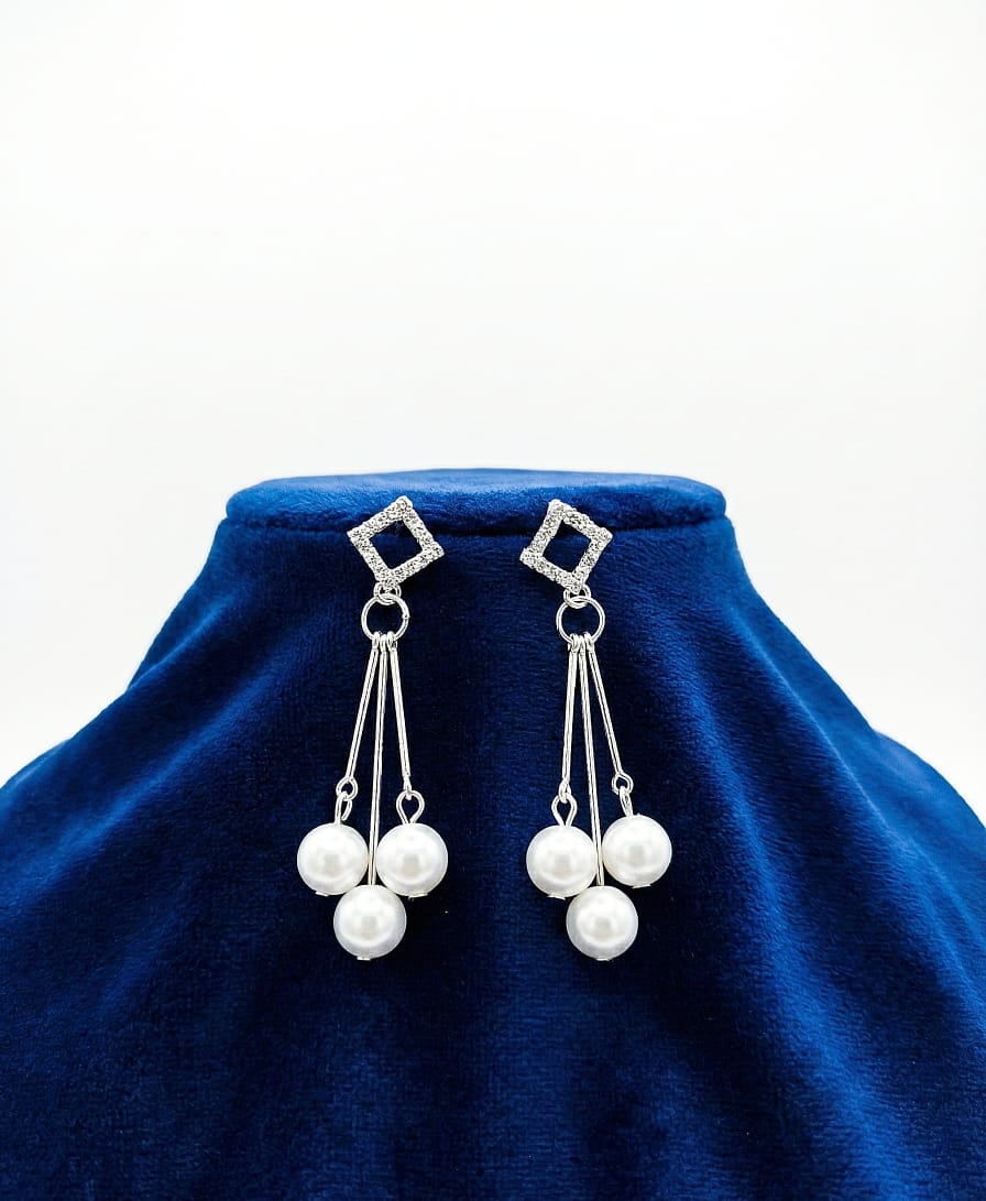 Women’s Silver-Tone Artificial Pearl Drop Earrings with American Diamond