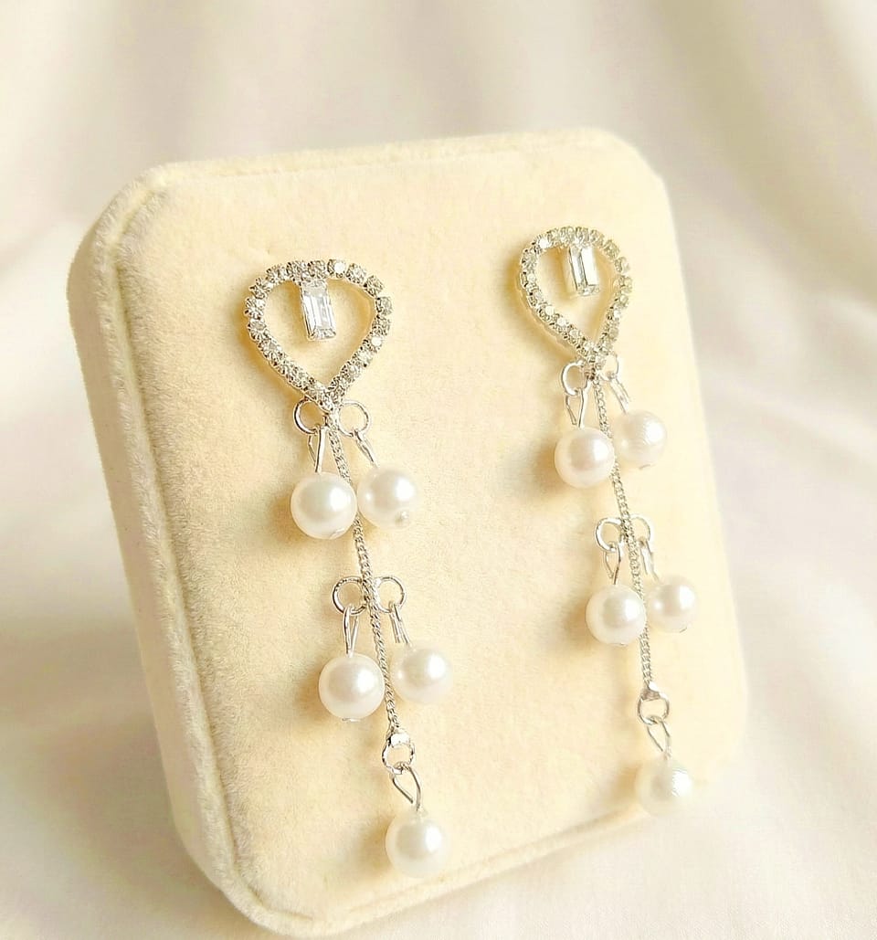 Korean Style Women’s Silver-Tone Heart Pearl Drop Earrings American Diamond Artificial Jewellery for Party Wedding & Festive Wear