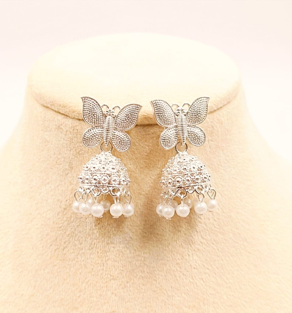 Women’s Silver Butterfly Design Artificial Jhumka Earrings Pearl Drop Party Wedding & Festive Wear Jewellery
