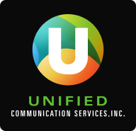 Unified Communication Services Inc. logo with letter U in white on black background with colorful circle