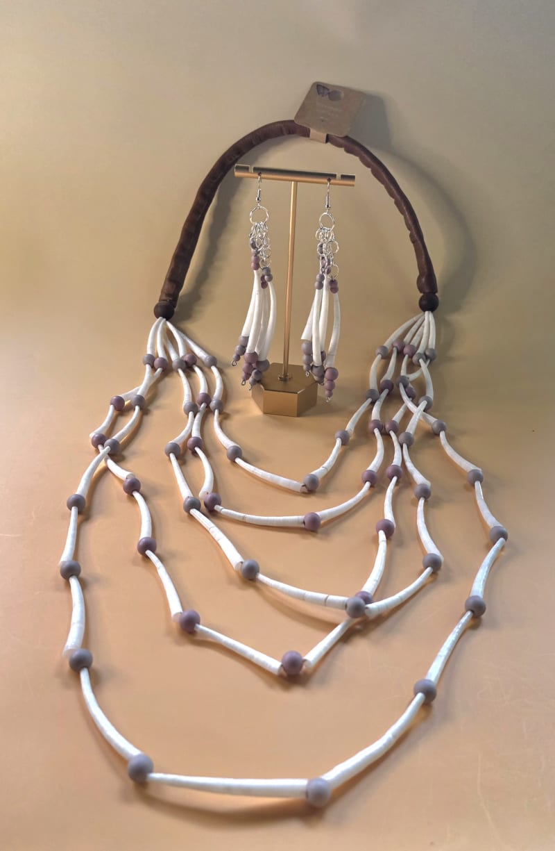 Dentalium & Lavender Stone Necklace Set — Winter Dusk