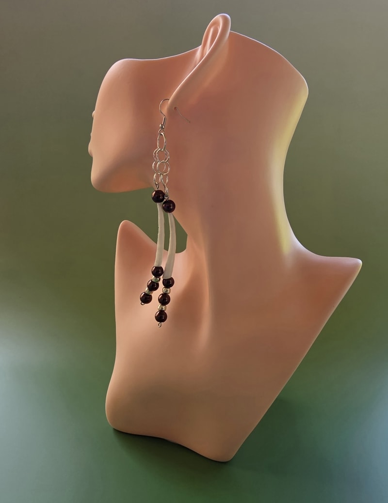 Dentalium Drop Earrings — Dark Cherry & Bone
