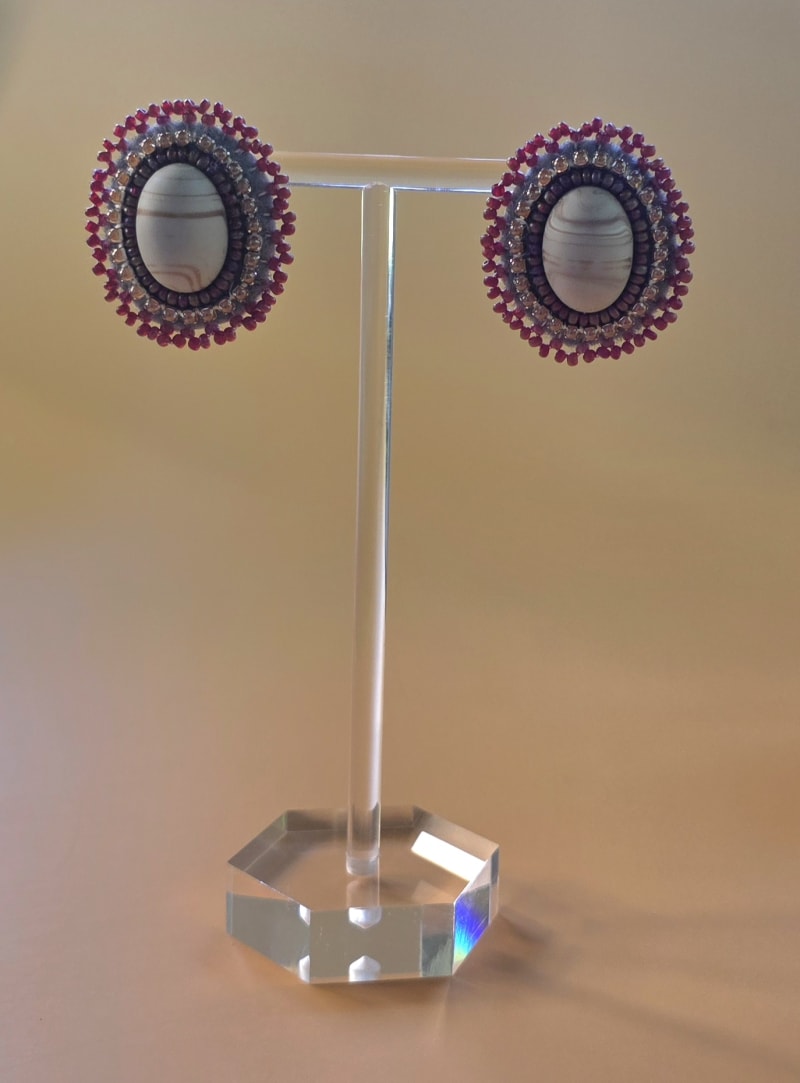 Beaded Stud Earrings — Banded Agate in Berry & Smoke