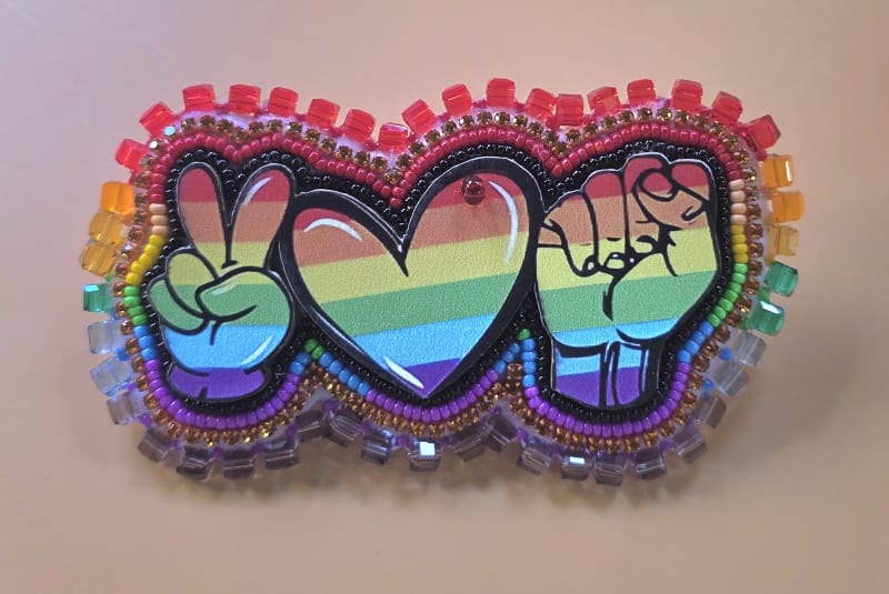 Peace, Love & Resistance Beaded Brooch — Full Spectrum Rainbow
