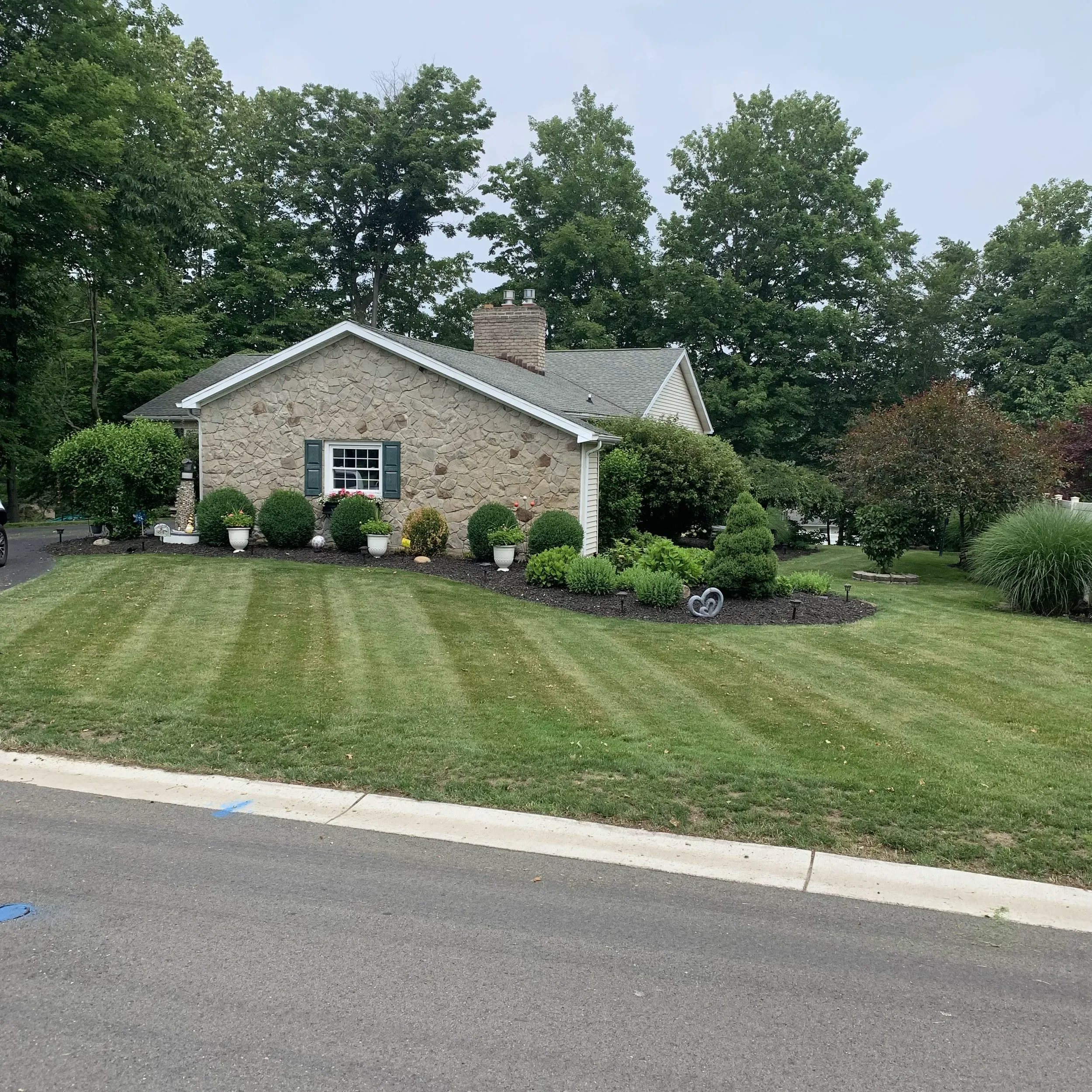 Stone cottage with manicured lawn, round shrubs, and ornamental landscaping surrounded by tall trees