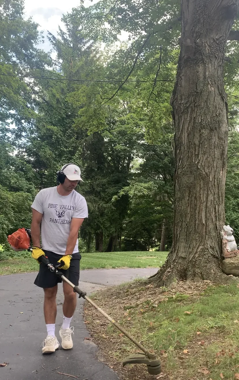 A beautiful dark and light striped lawn in front of a house, showcasing professional lawn care artistry