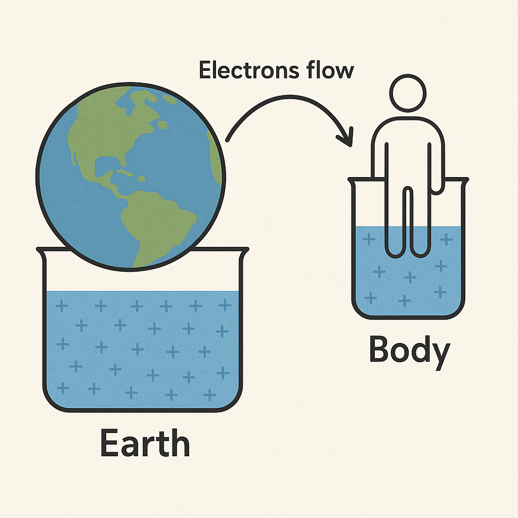 nalogy of grounding: electrons flow from Earth to body until levels equalize