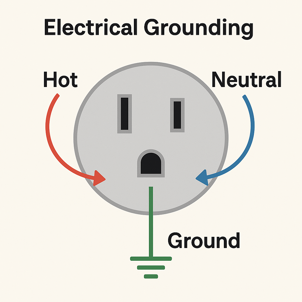 Diagram of how electrical grounding works with hot, neutral, and ground prongs