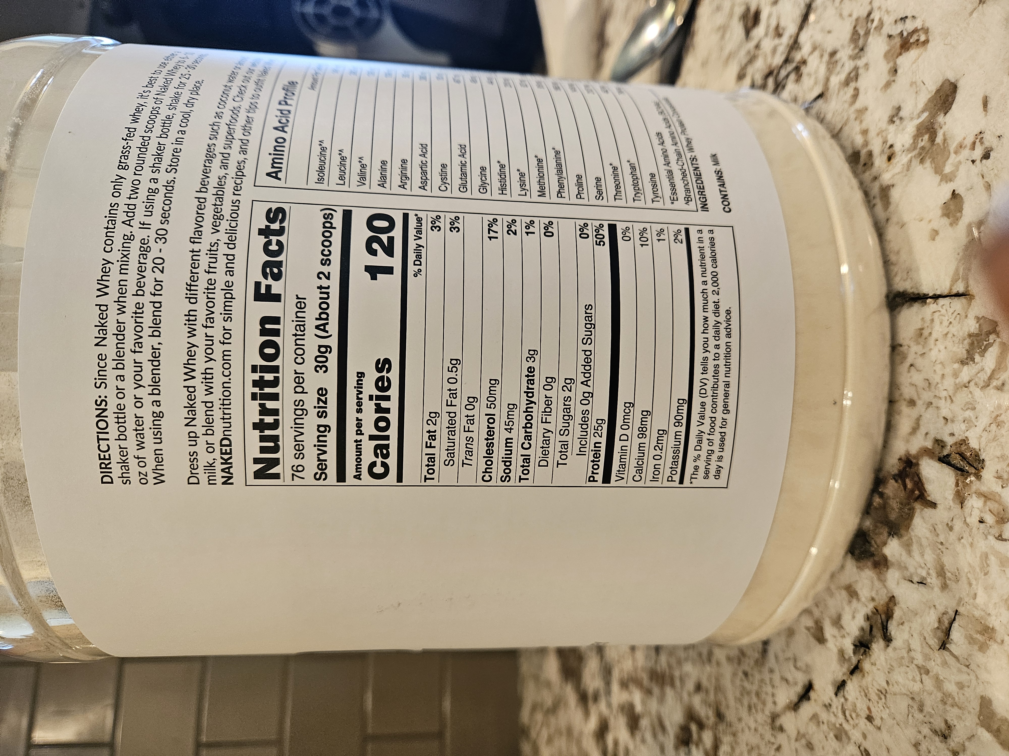 Naked Whey nutrition label showing one ingredient and 25g protein per serving