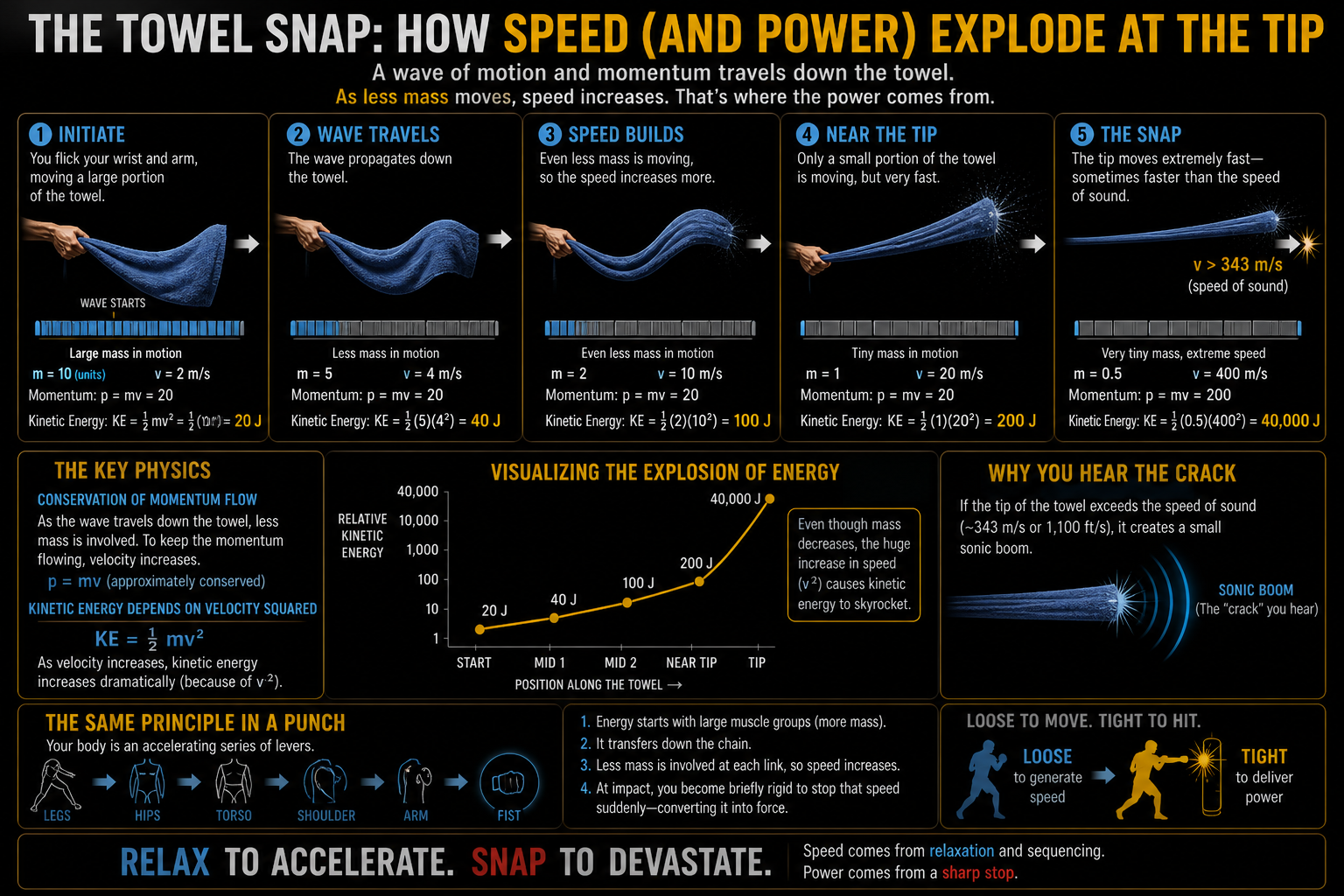 Kinetic energy in towel snap