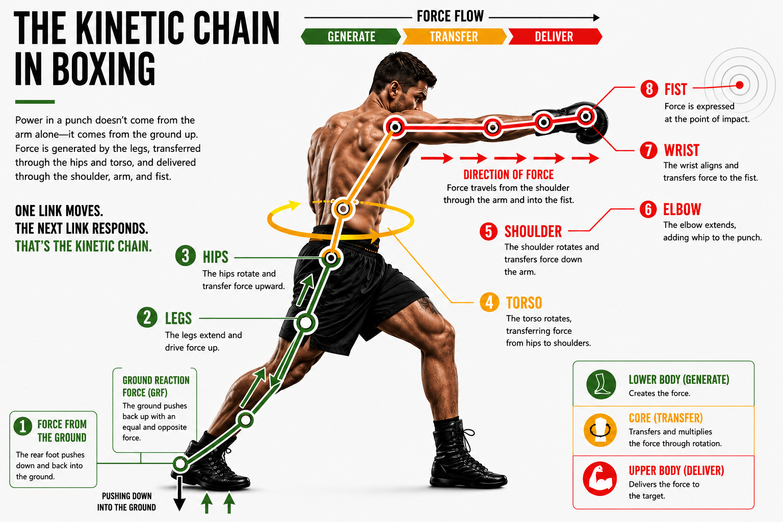 Step-by-step illustration of the kinetic chain in punching, showing energy transfer from the ground through the legs, hips, torso, and arm into the fist