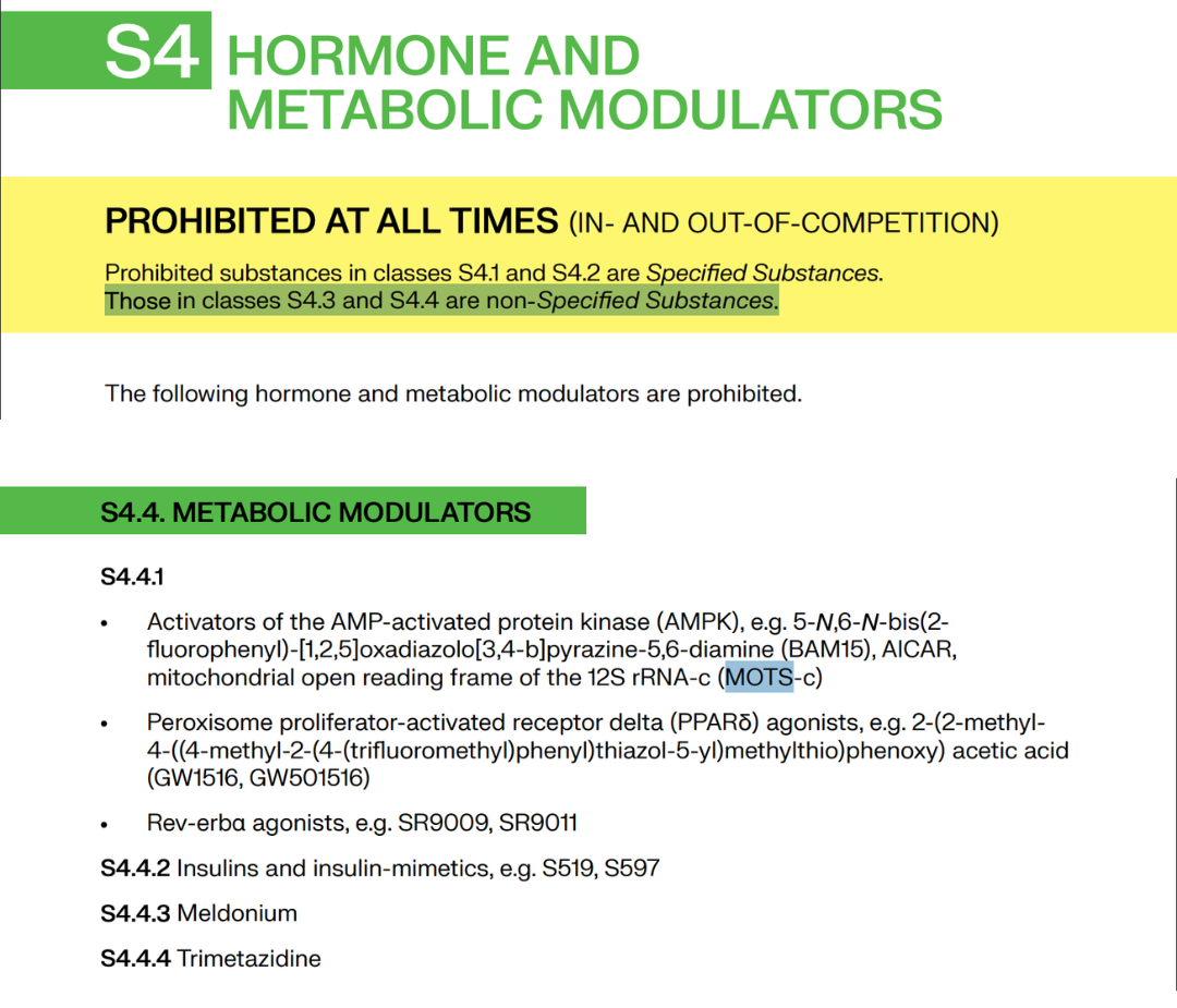 MOTS-c is banned by WADA