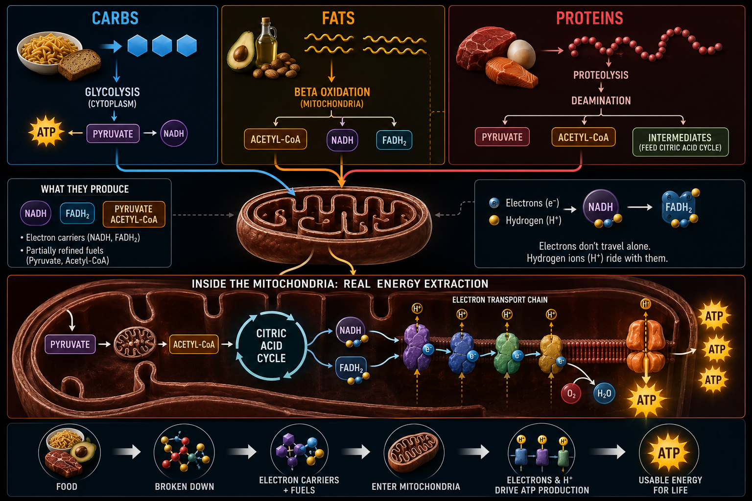 Macronutrients being processed by mitochondria