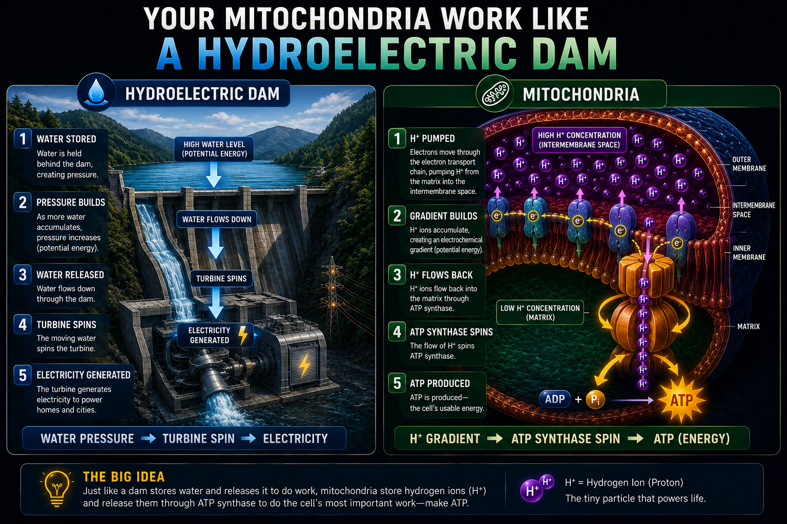 Mitochondria are like a hydroelectric dam