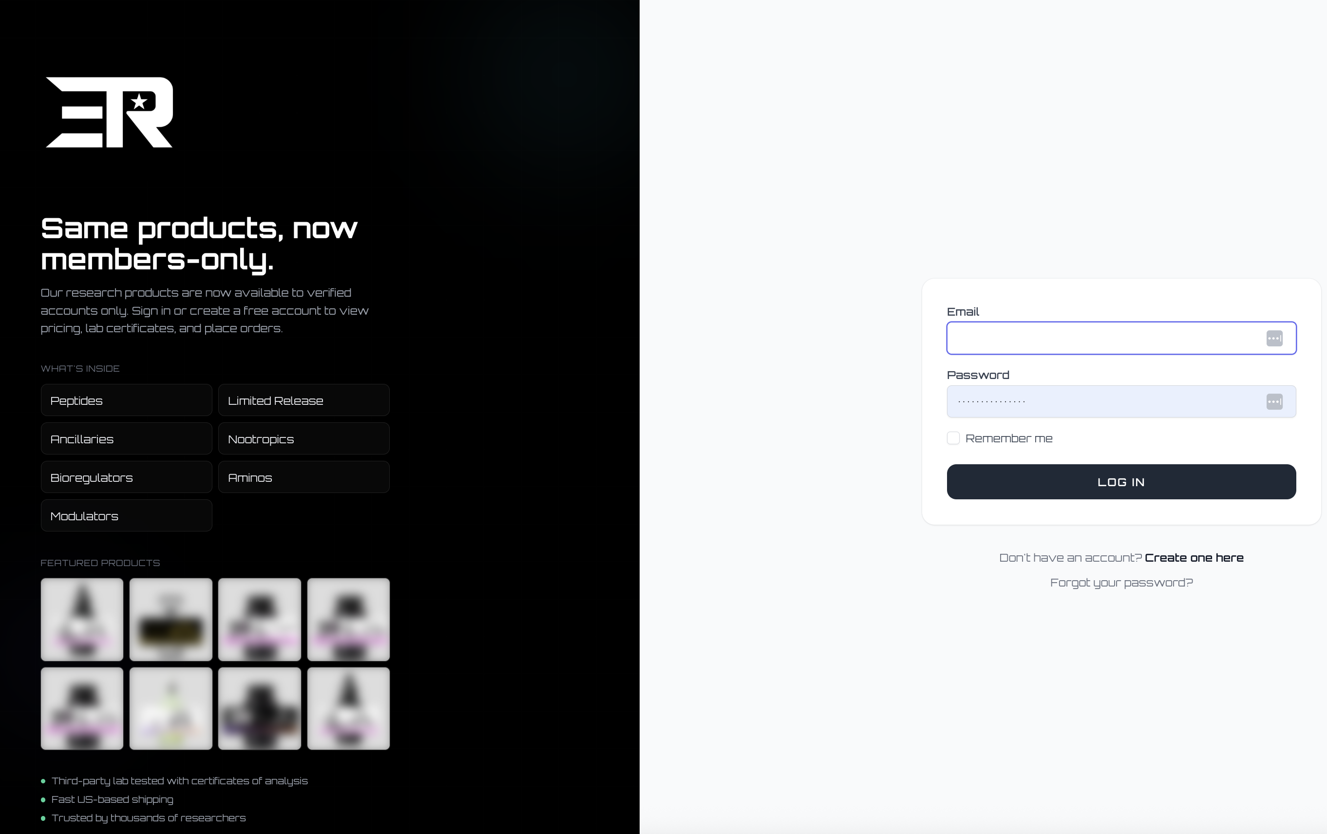 Login page for Elite Research Peptides