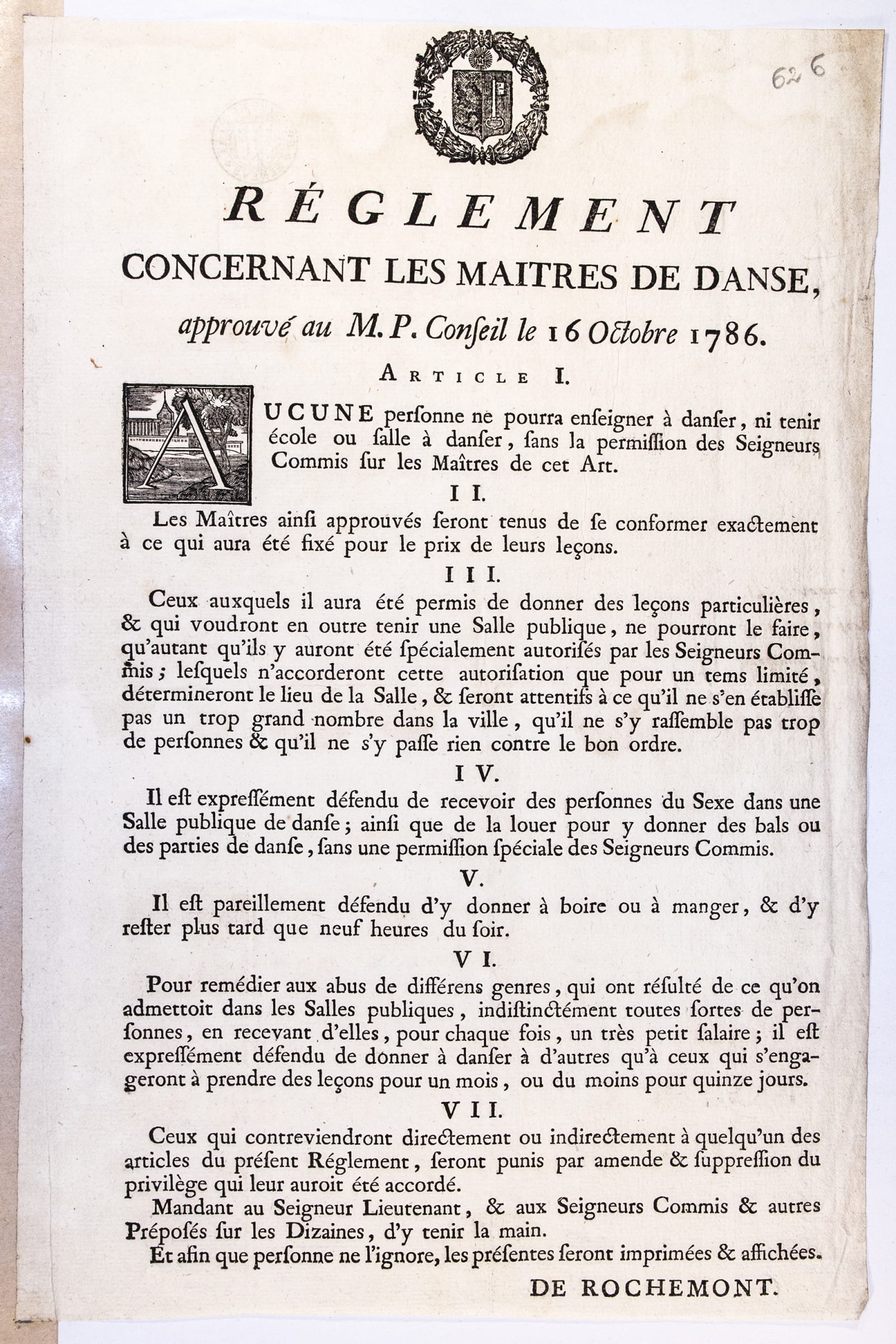 Réglement concernant les maîtres de danse,1786 © Droits réservés, Archives d’État de Genève. Cote : Placards et imprimés officiels, portefeuille 6, n° 626