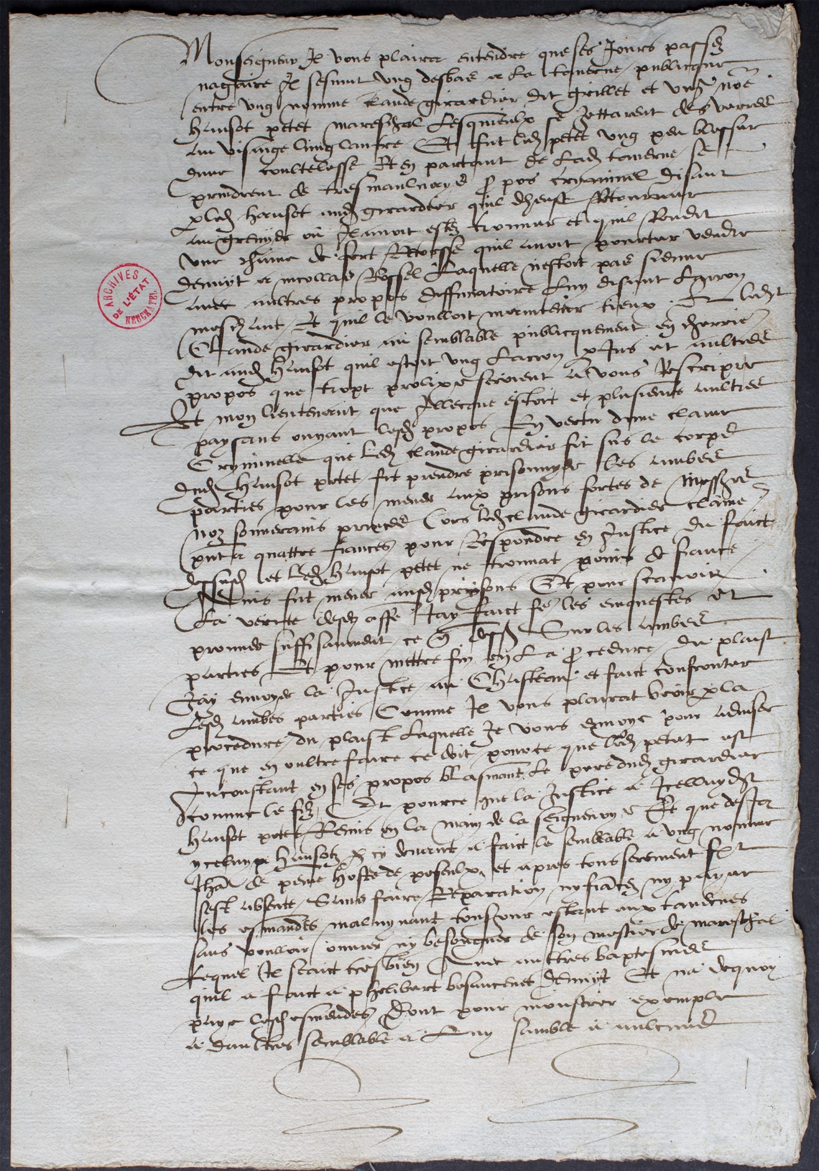 Déposition de témoins faite en secret au Locle, contre le ministre Jean Marchand. Elle se réduit à l'accuser d'ivrognerie et d'avoir dansé à des noces, 1587 © Archives d’État, Neuchâtel. Cote : AS-K23.2