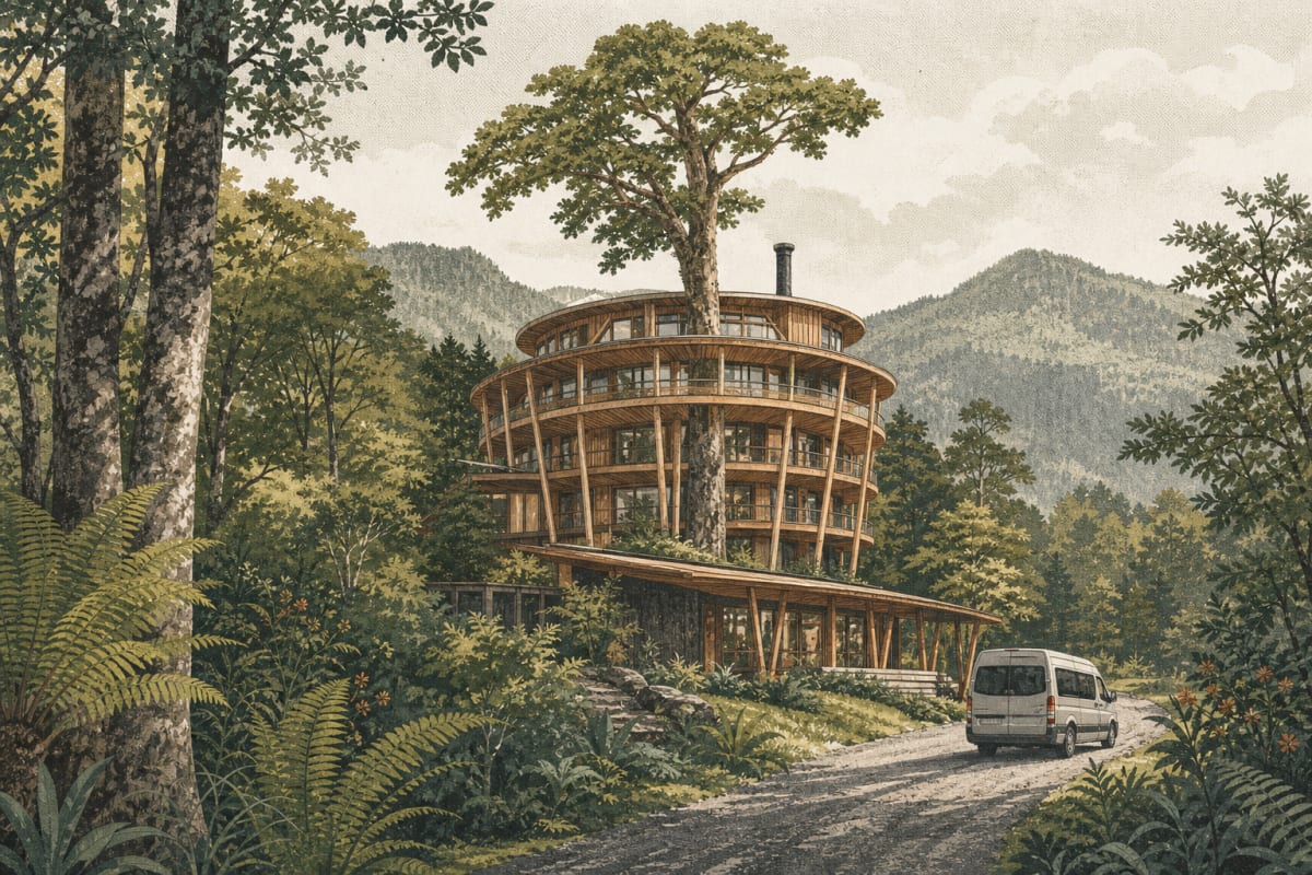 Ilustración del Hotel Nothofagus entre el bosque de Huilo Huilo, con un vehículo de traslado en el camino