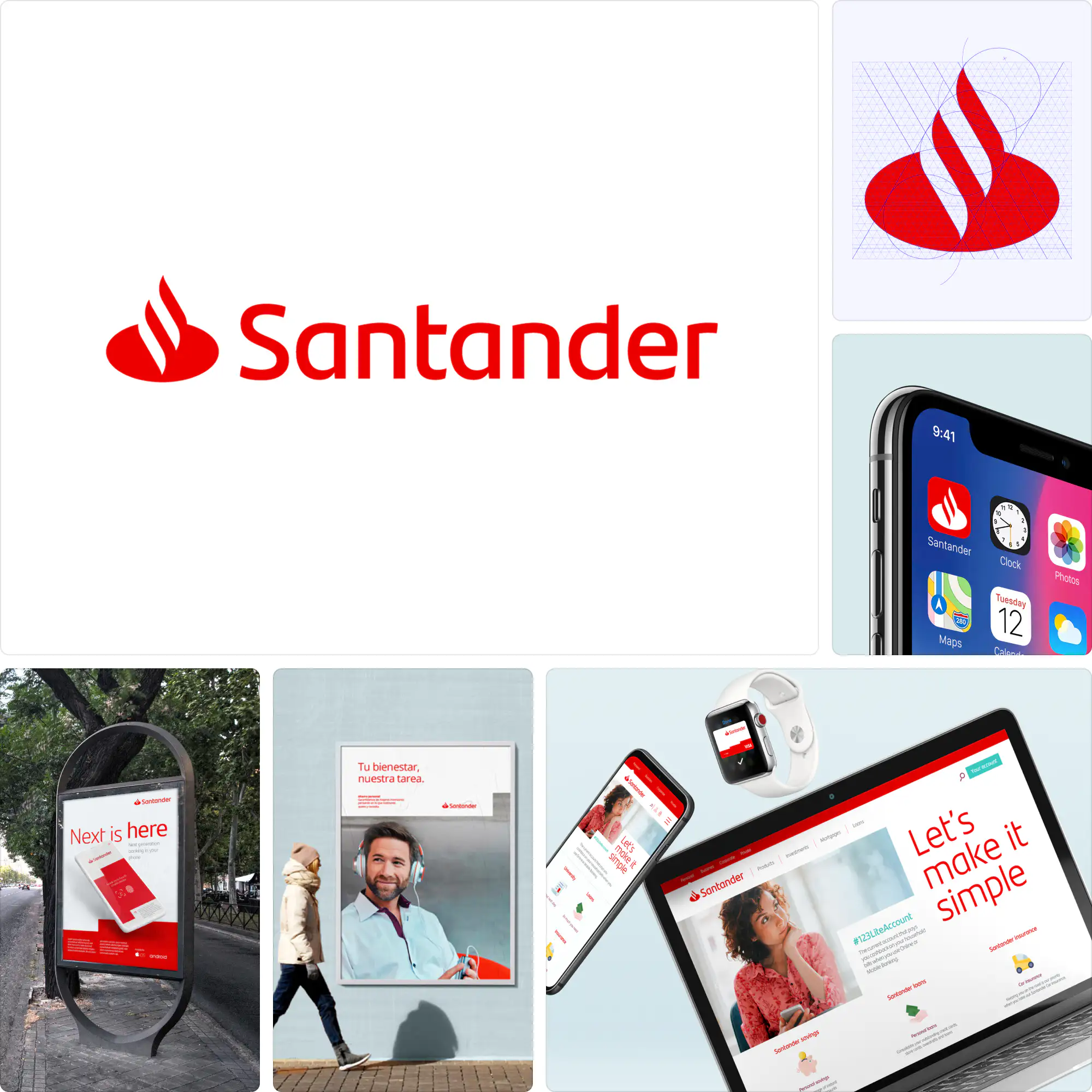 Santander branding by Interbrand with a simplified flame symbol, bold red palette, and adaptable applications for mobile and print.