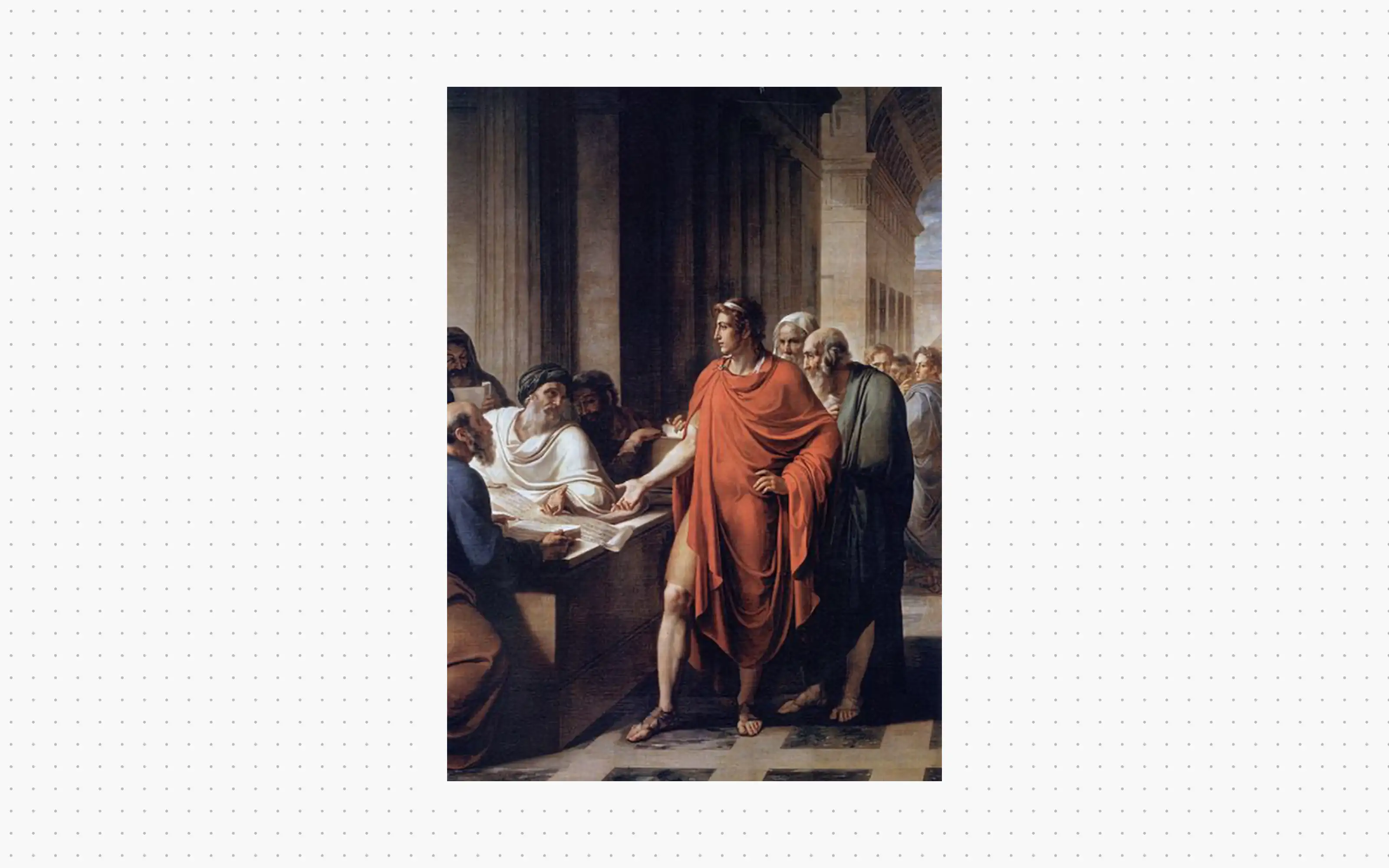 "Ptolemy Philadelphus founds the Library of Alexandria", is an oil painting from 1813 by Italian artist Vincenzo Camuccini (1771-1844 CE). The painting portrays the Greco-Macedonian king and ruler of Egypt, Ptolemy II Philadelphus within the famous Library of Alexandria.