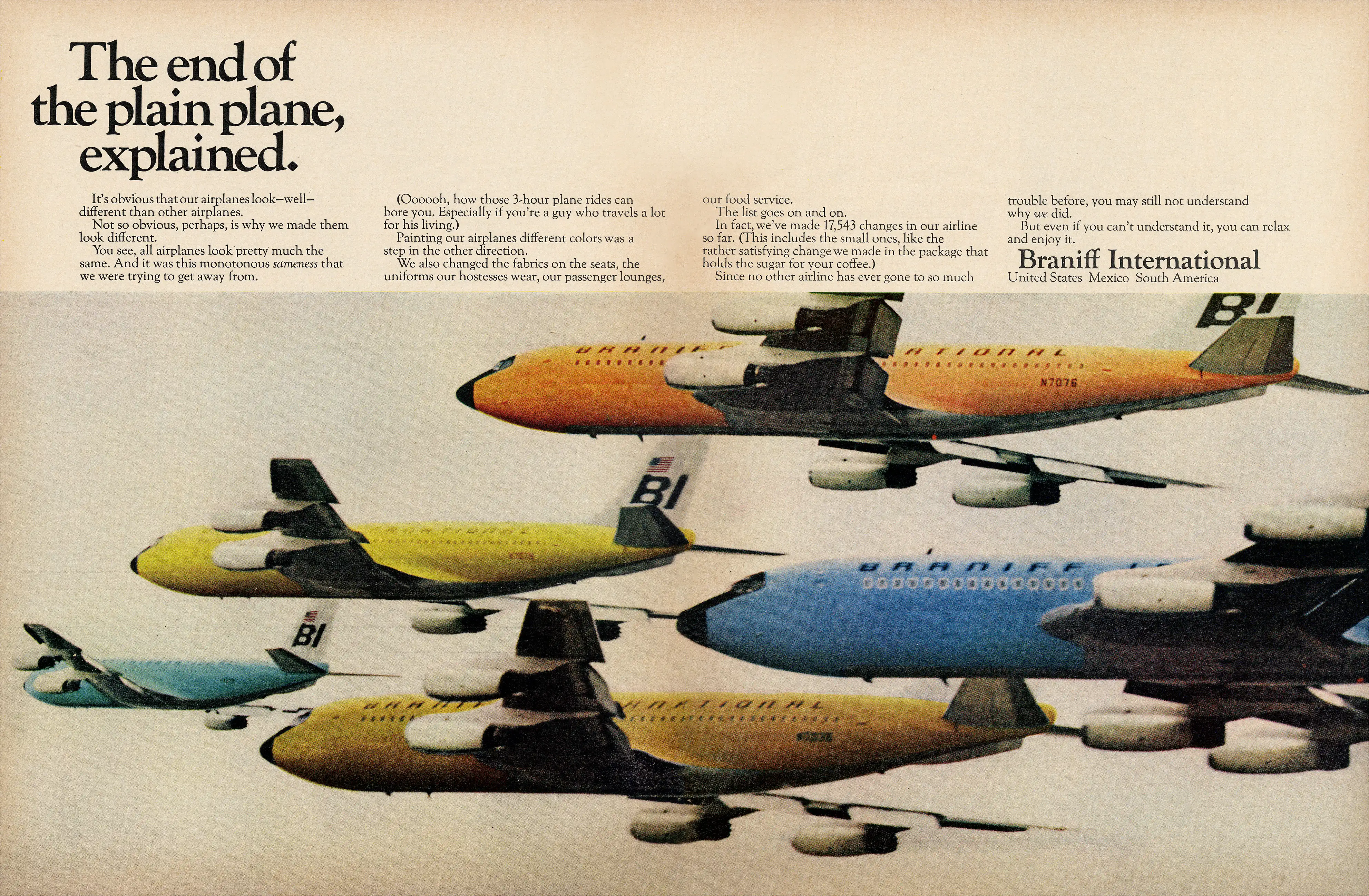 Braniff International Airlines “End of the Plain Plane” 1960s advertisement showing colorful airplanes in blue, yellow, and orange, highlighting bold airline branding.