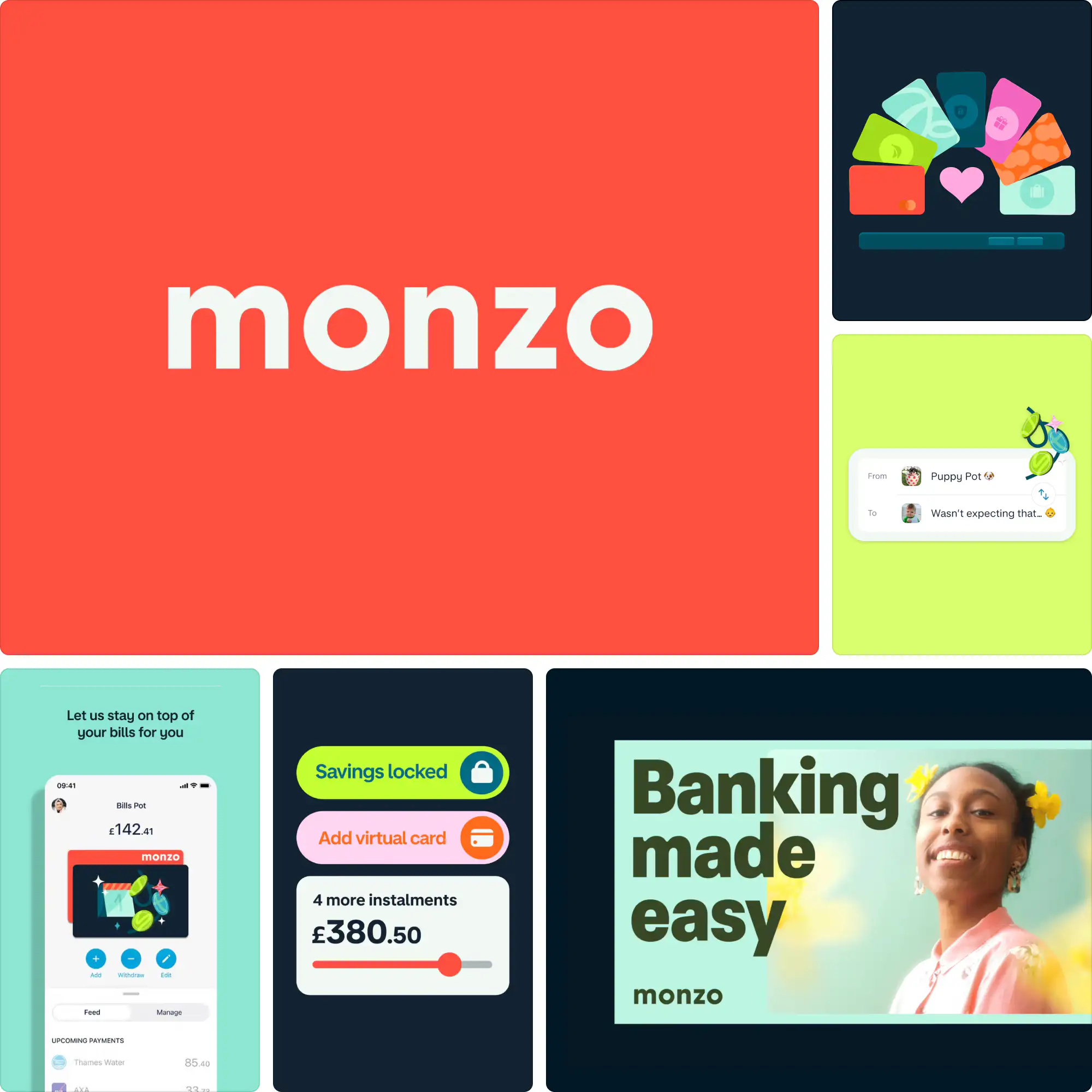 Monzo branding by Ragged Edge featuring multicolor identity, minimalist typography, and energetic digital applications for a modern banking experience.