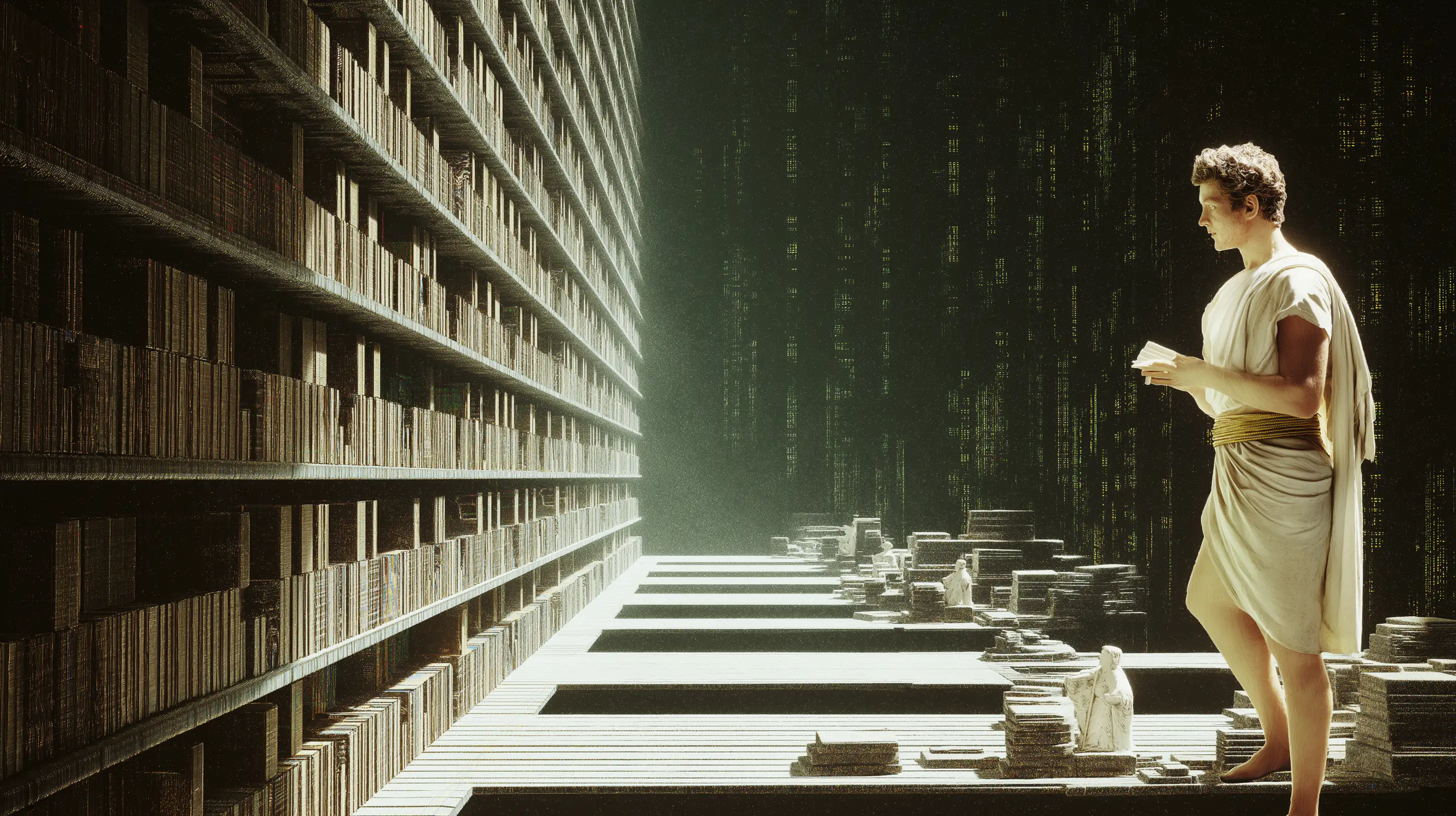 Person in ancient Greek robes standing in a vast digital library, symbolising humanity overwhelmed by stored knowledge in the age of modern collaboration tools.