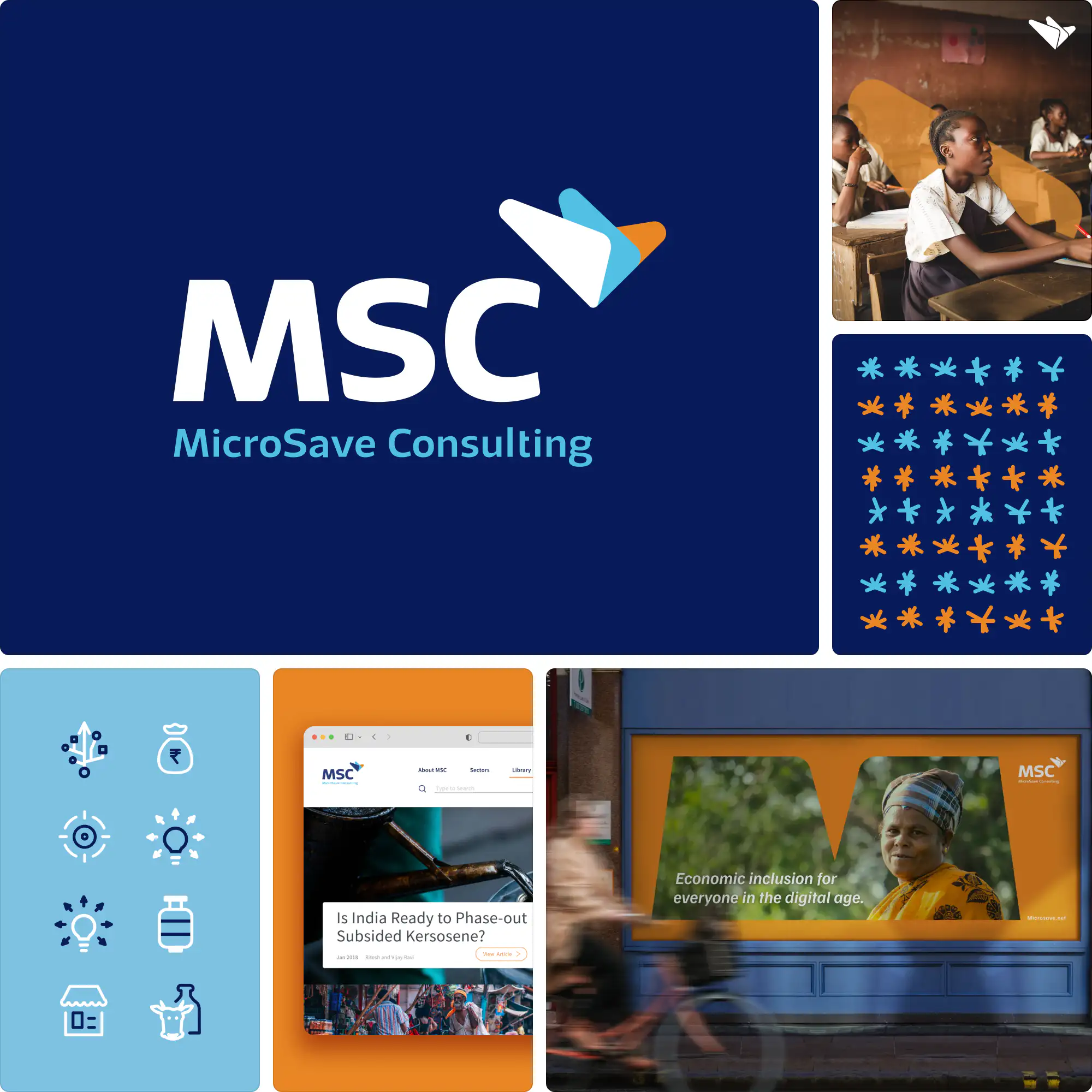 MicroSave Consulting branding by Sparklin featuring MSC logo with arrow symbol, blue and orange color palette, icons, website interface, and lifestyle imagery.