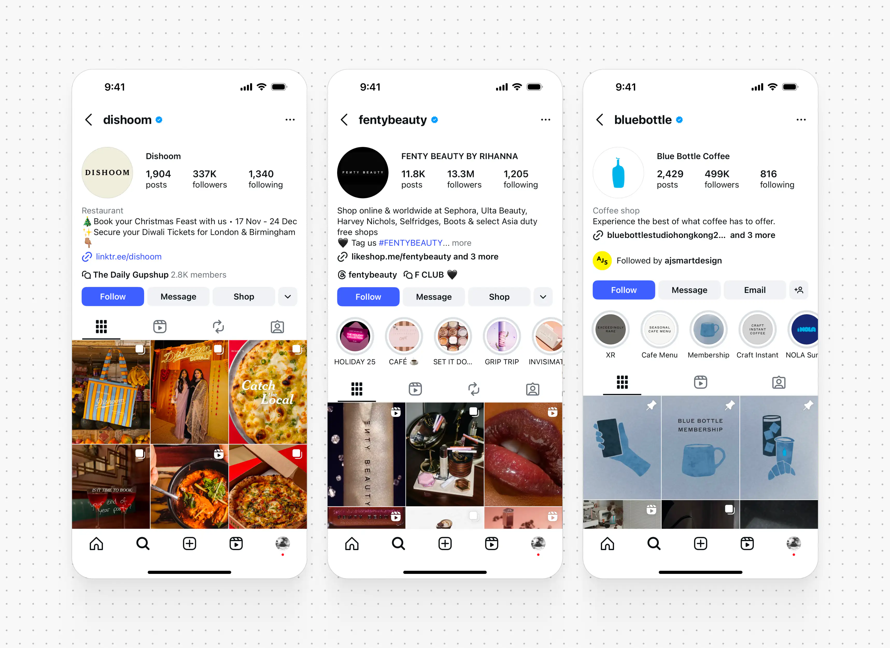 Screenshot of three Instagram profiles: Dishoom restaurant with food posts, Fenty Beauty by Rihanna with makeup and cosmetics highlights, and Blue Bottle Coffee featuring coffee products and membership options.