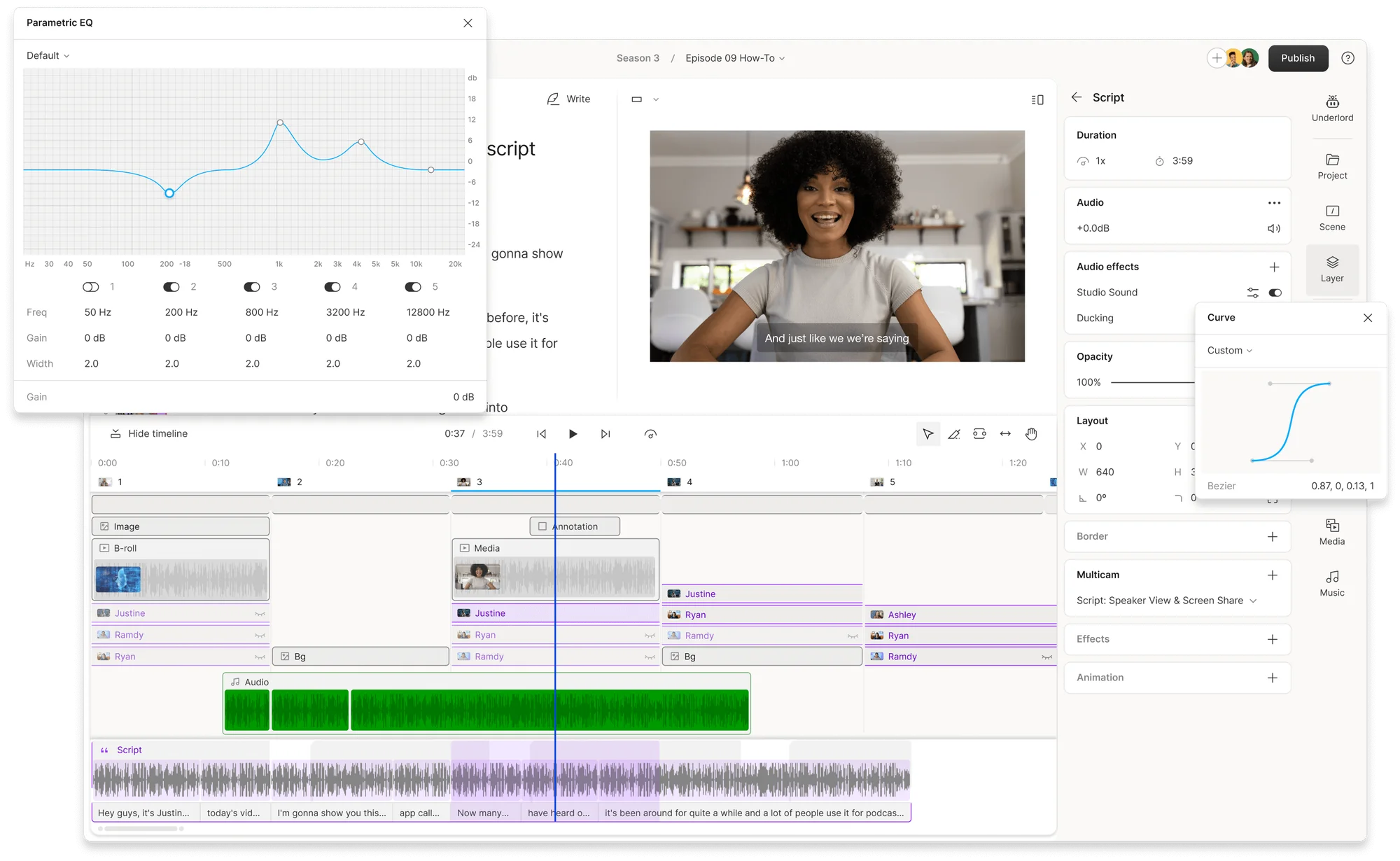 Descript AI editor for marketing teams with tools for podcast editing, video creation, screen recording, and transcription.