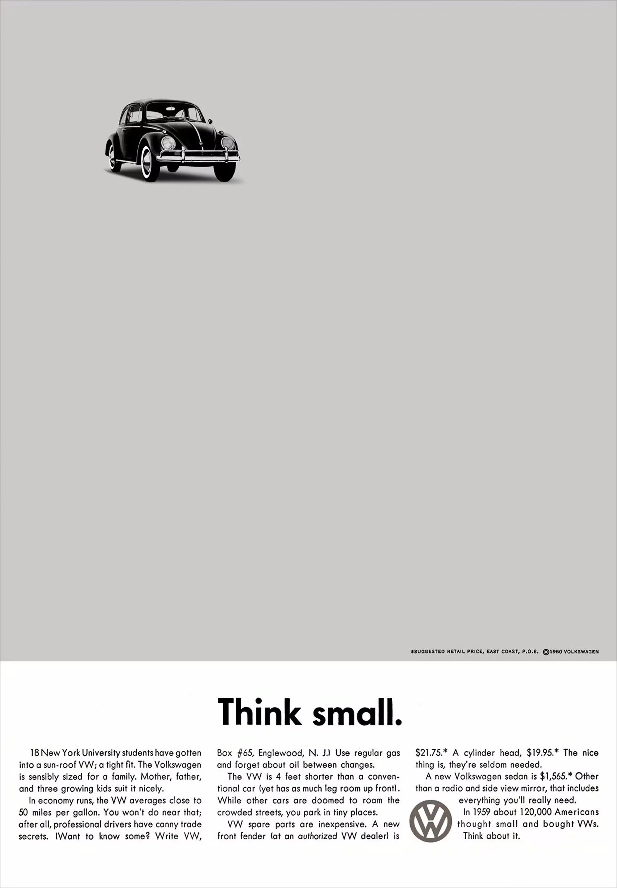 1960s Volkswagen Beetle “Think Small” print ad, iconic minimalist car advertisement highlighting fuel efficiency, compact size, and affordability.