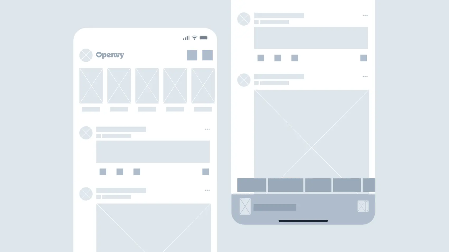 A low-fidelity wireframe showing simple grayscale boxes and lines representing page layout and content structure, focusing on basic placement without design details.