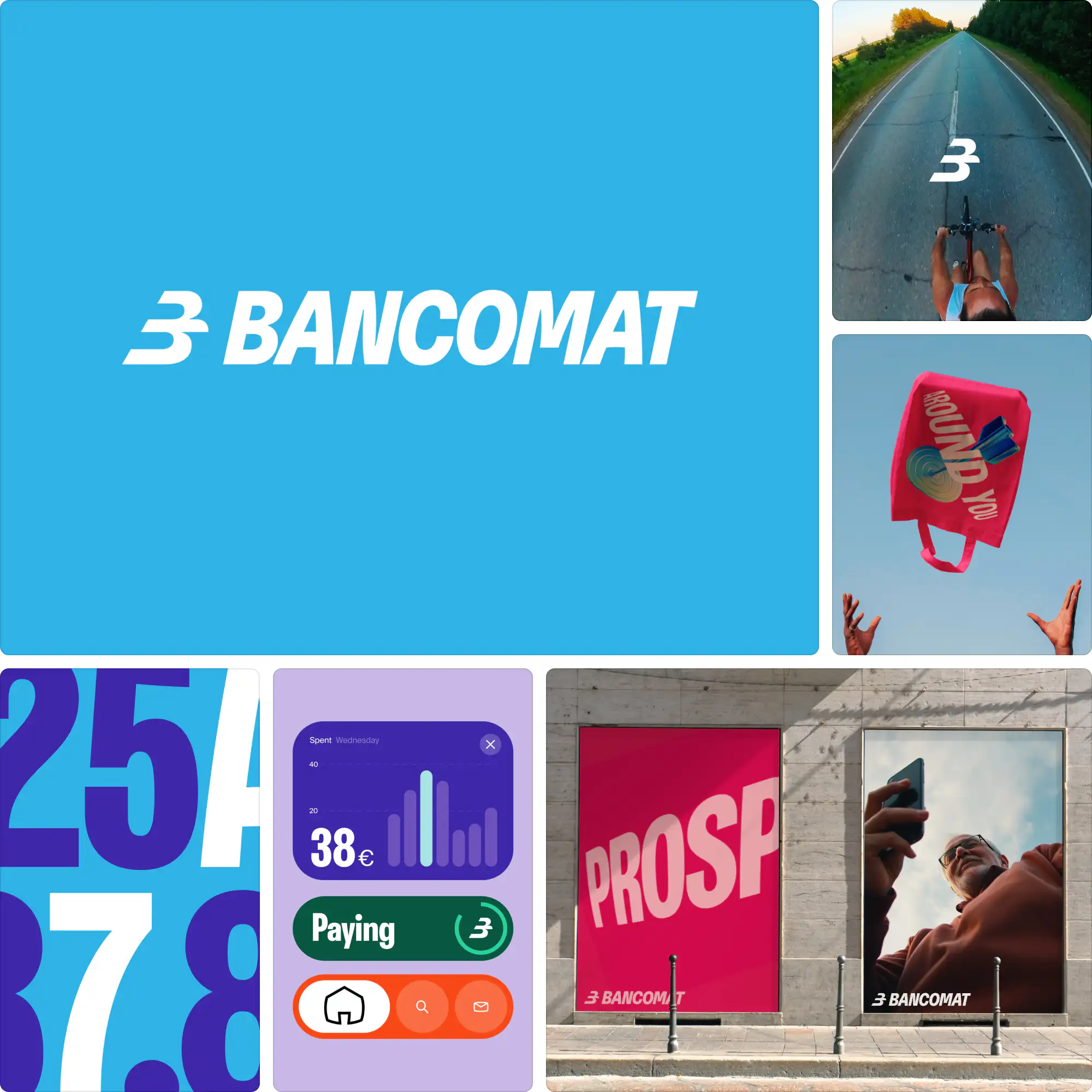 Bankomat branding created by Landor & Fitch featuring geometric logo design, striking blue gradients, and a tech-forward identity system.
