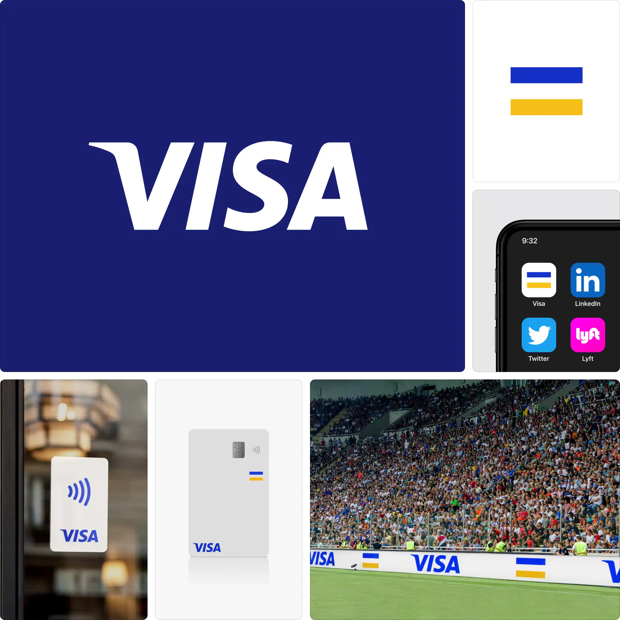 Visa branding by Mucho featuring simplified logotype, new brand symbol, and adaptable blue and gold color palette across global platforms.