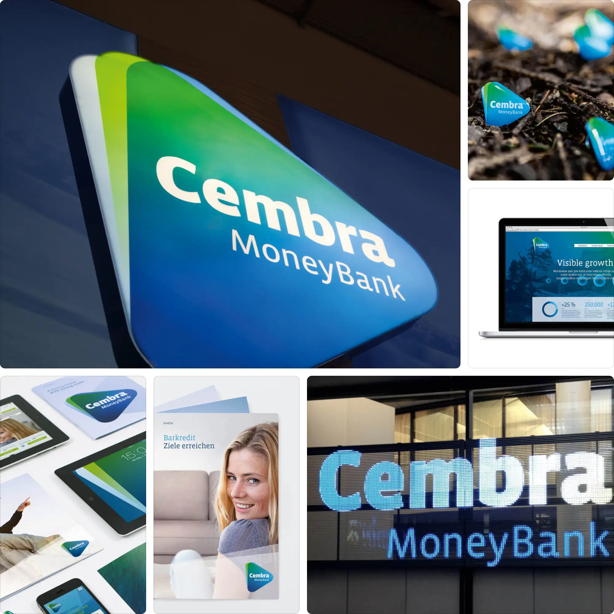 Cembra Money Bank branding by MetaDesign with a fresh blue color palette, clear sans-serif typography, and Swiss-inspired design system.