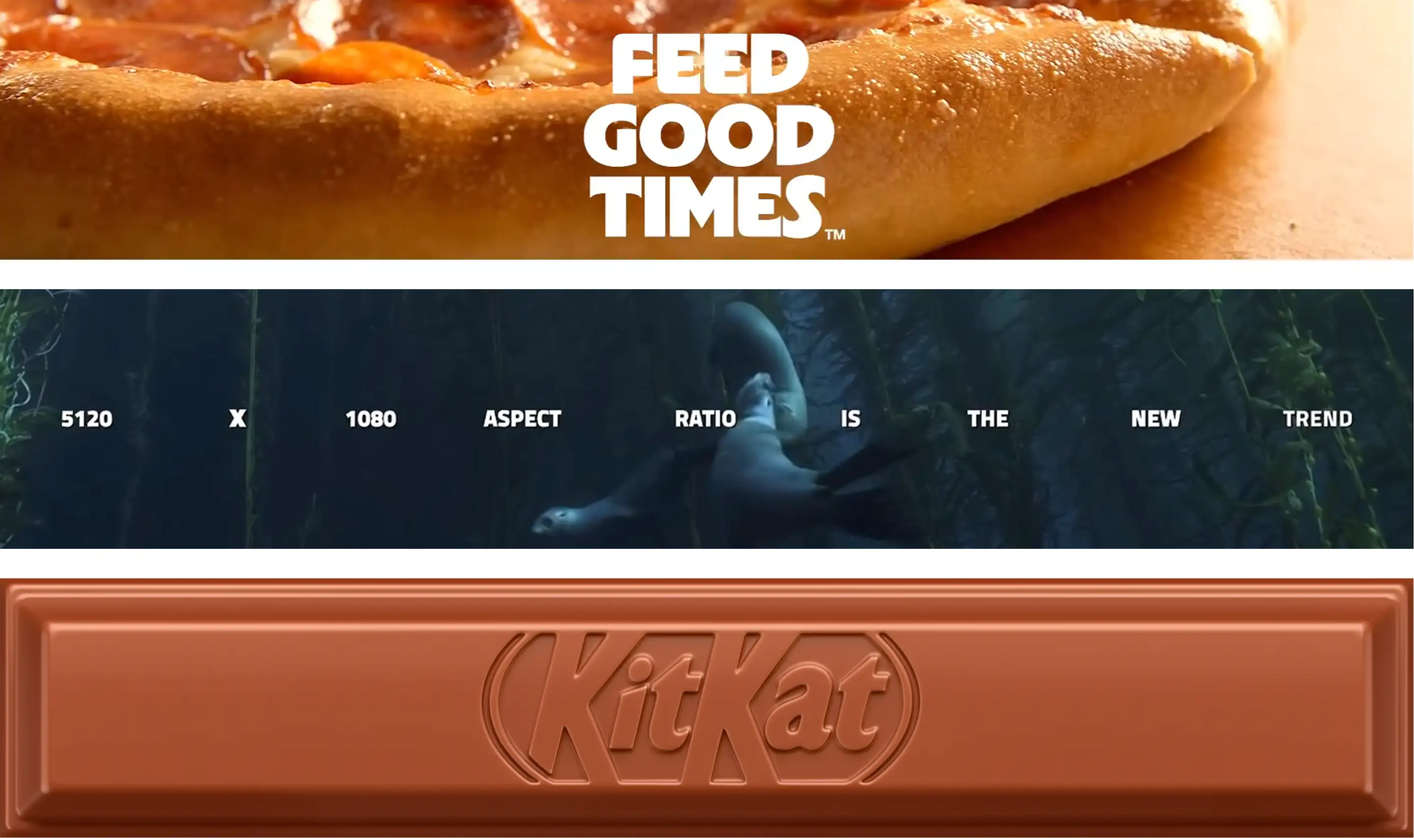 Ultra-wide 5120x1080 aspect ratio montage featuring a pizza with ‘Feed Good Times’ slogan, ocean scene with text ‘aspect ratio is the new trend’, and close-up of a KitKat chocolate bar.