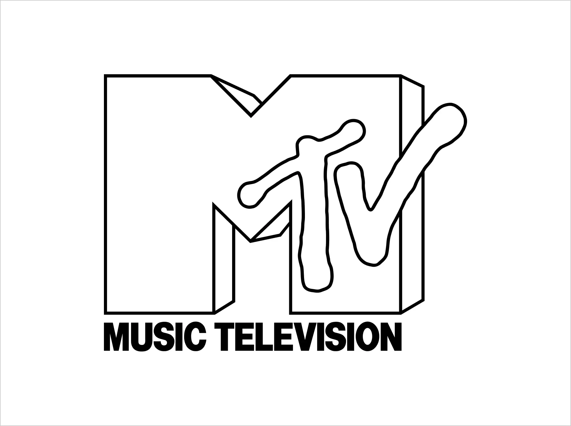 MTV original 1981 logo featuring block “M” and graffiti-style “TV” with “Music Television” text below.