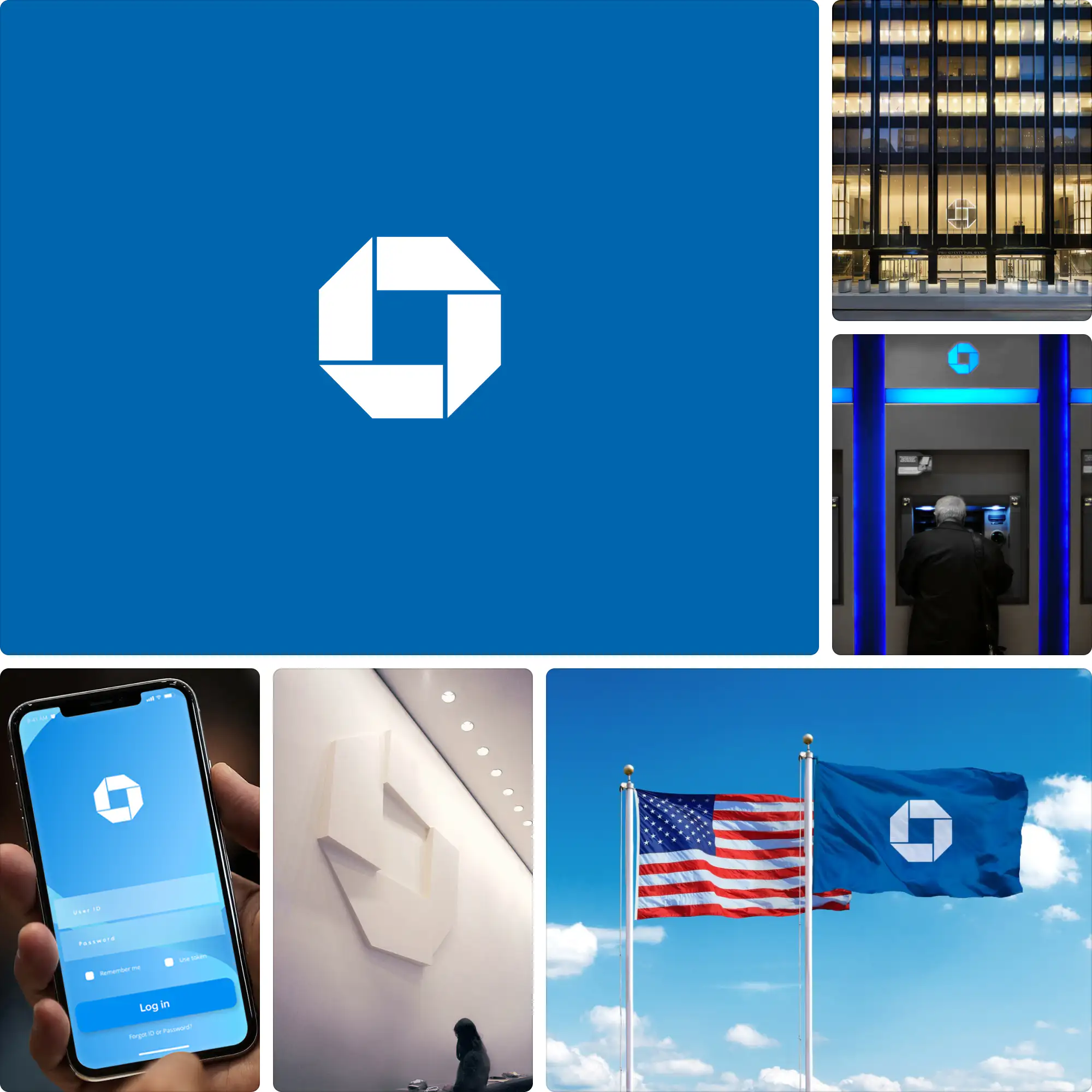 Chase branding by Chermayeff & Geismar & Haviv with a modernized octagon logo, bold blue palette, and streamlined typography for digital use.